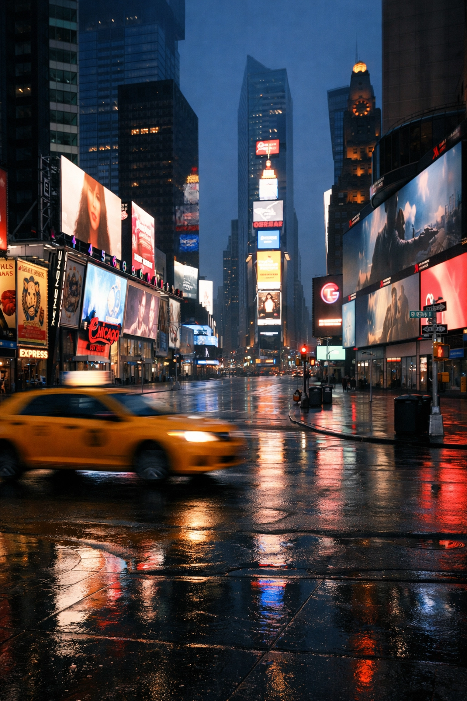An empty Times Square at dawn with neon lights reflecting on wet pavement, a perfect NYC photography location.