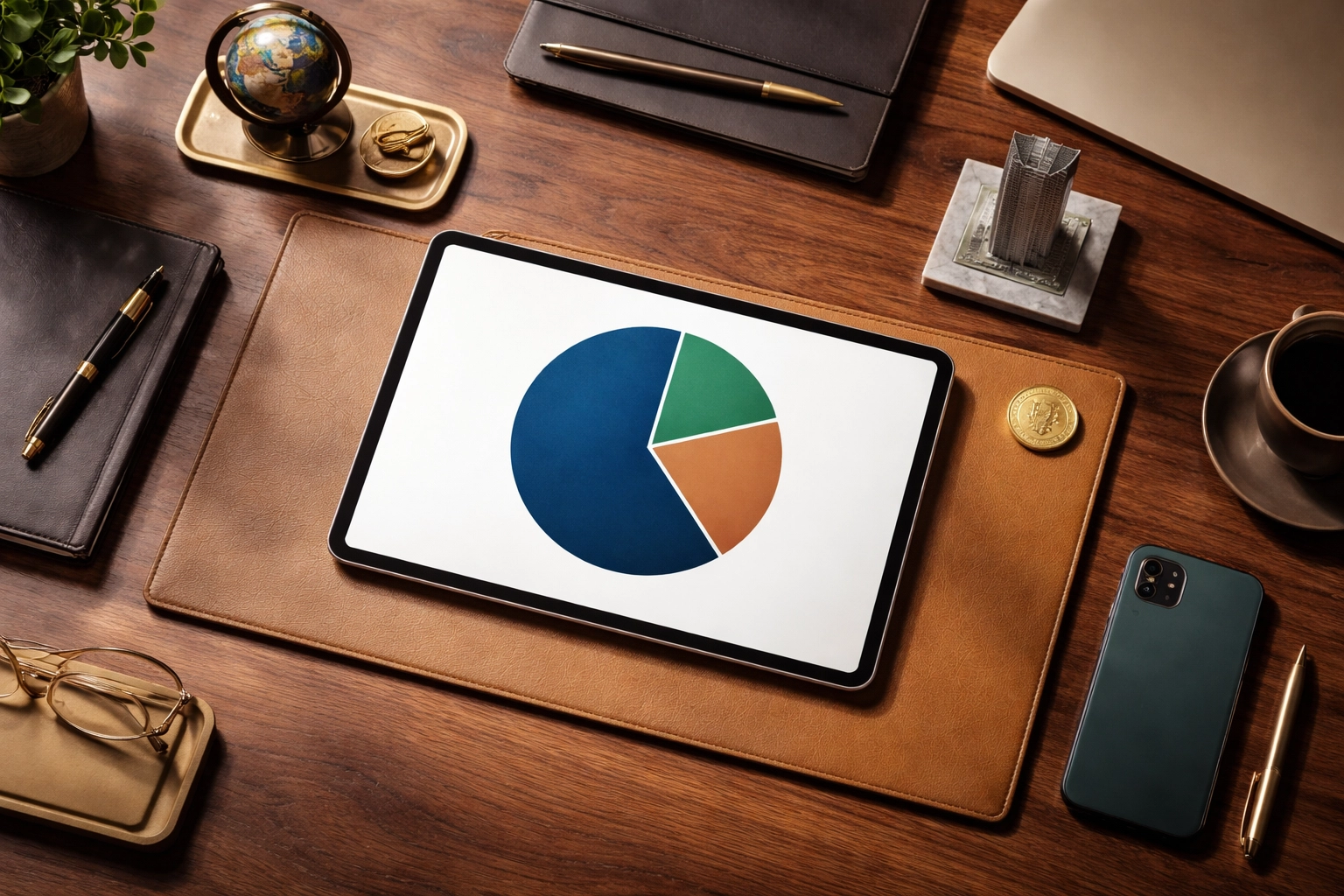Organized executive desk with financial assets and a pie chart showing a balanced, diversified investment portfolio.