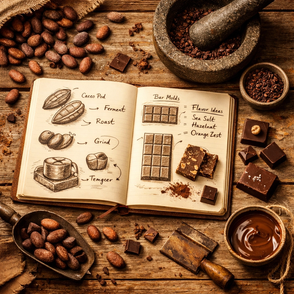 Bean-to-bar chocolate maker's workspace with cacao beans, samples, and recipe planning notebook