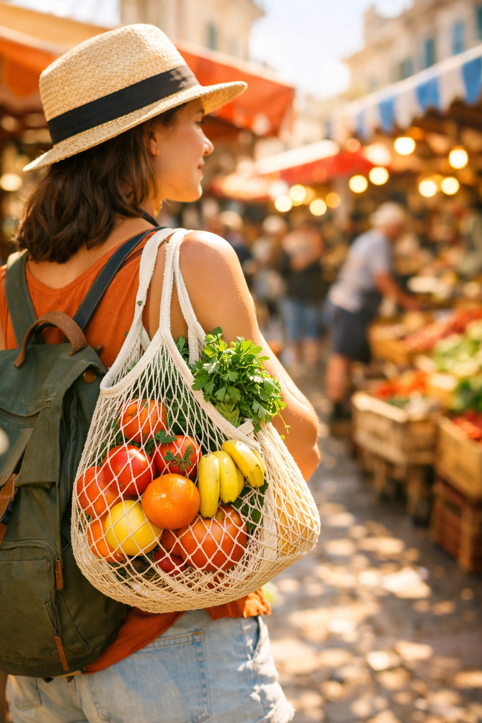 Traveler using a reusable mesh bag at a local farmers market to avoid single-use plastic packaging.