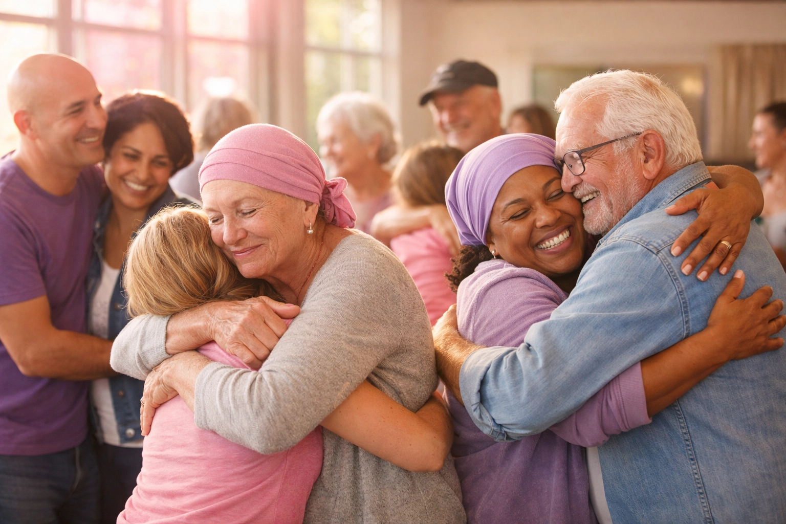 Diverse breast cancer survivors and supporters gathering in supportive community space