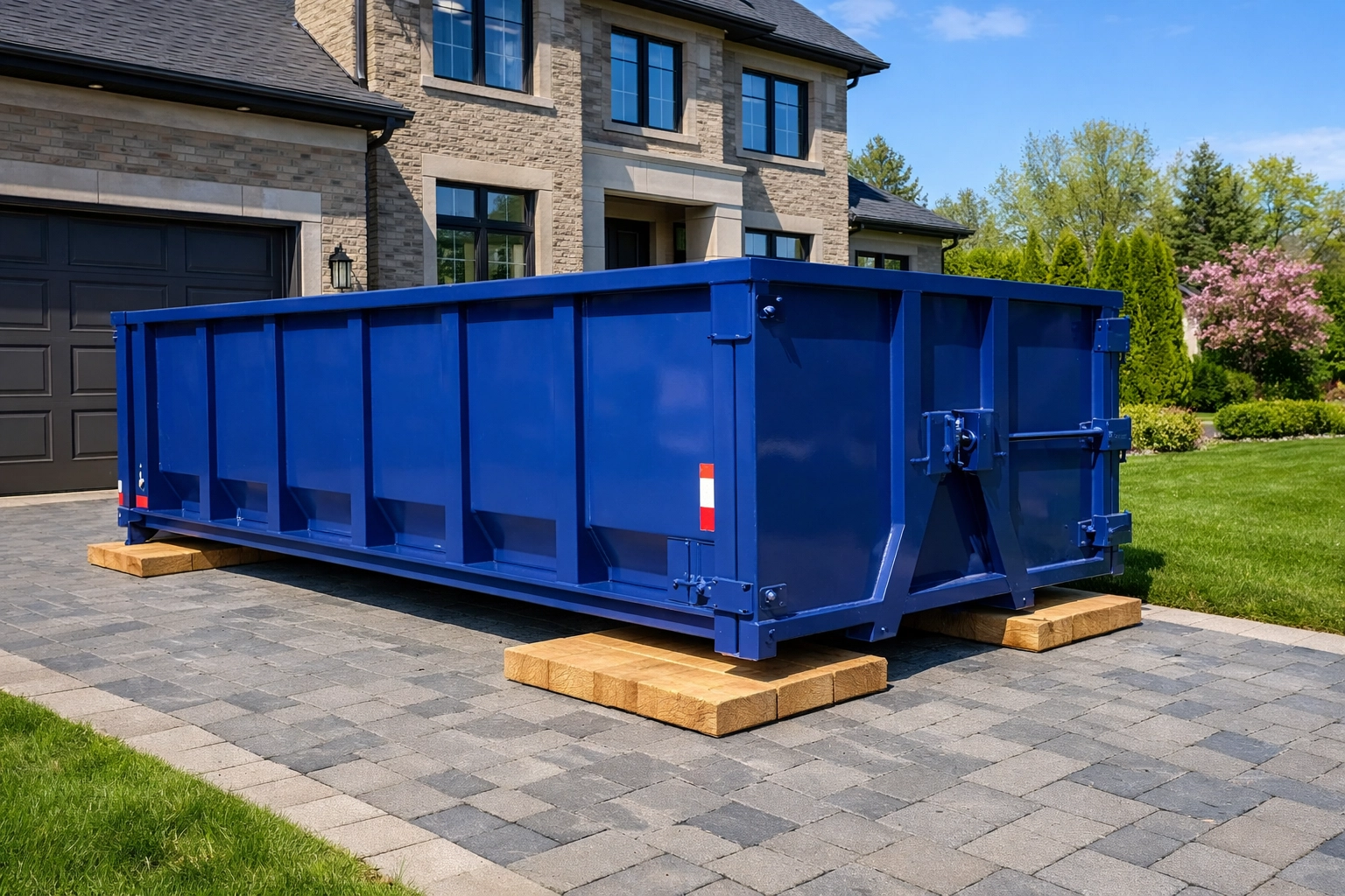 Why Flat Rate Bin Rentals Win for North York Renos Blue dumpster bin for flat rate bin rental North York on a clean residential driveway with protection planks.