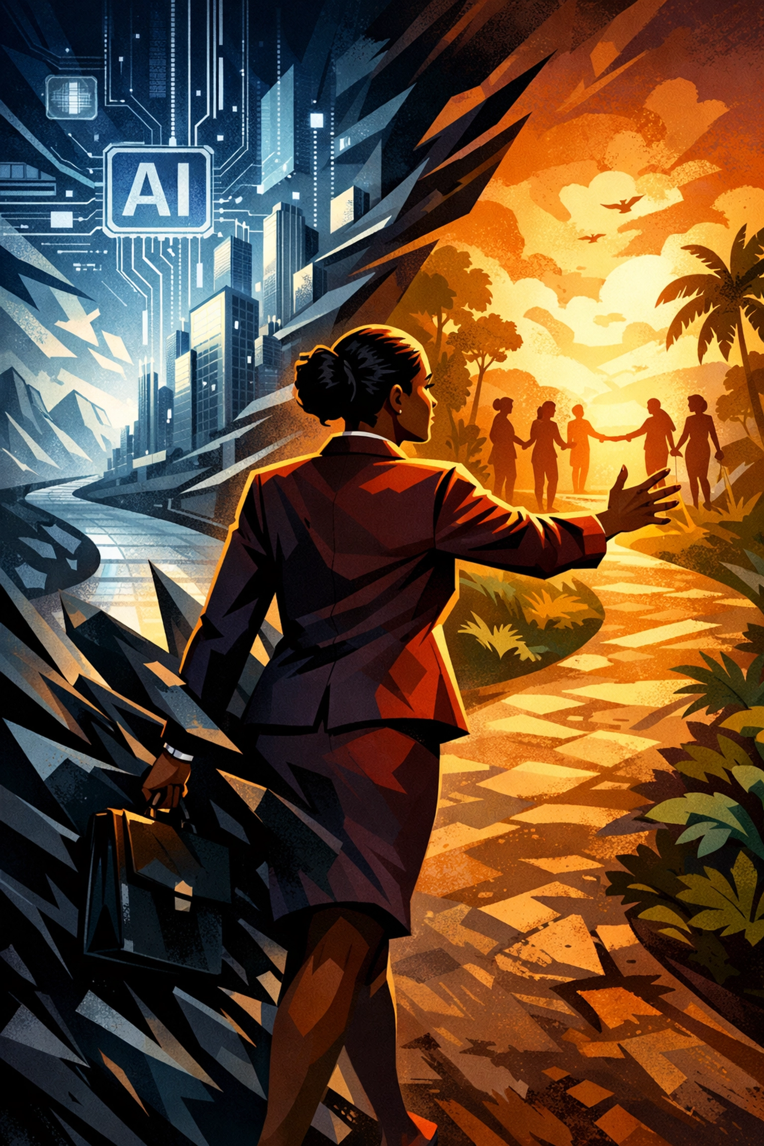 Executive choosing between cold AI-driven path and warm human-centered leadership approach