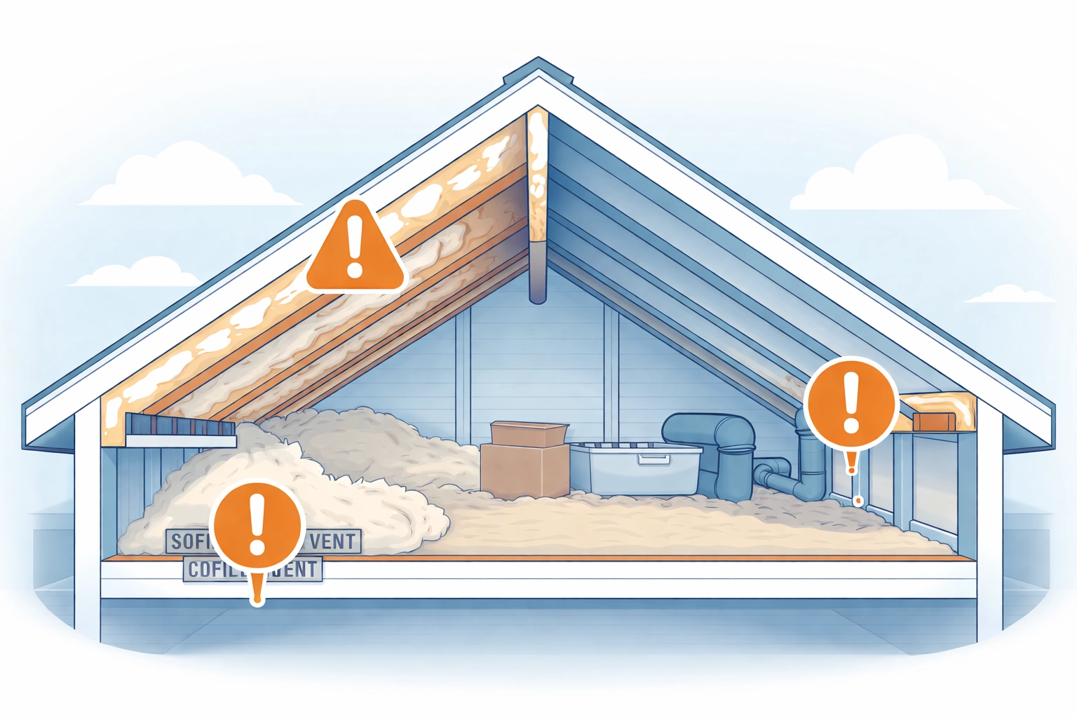Illustration highlighting major loft inspection red flags such as spray foam, blocked vents, and water stains