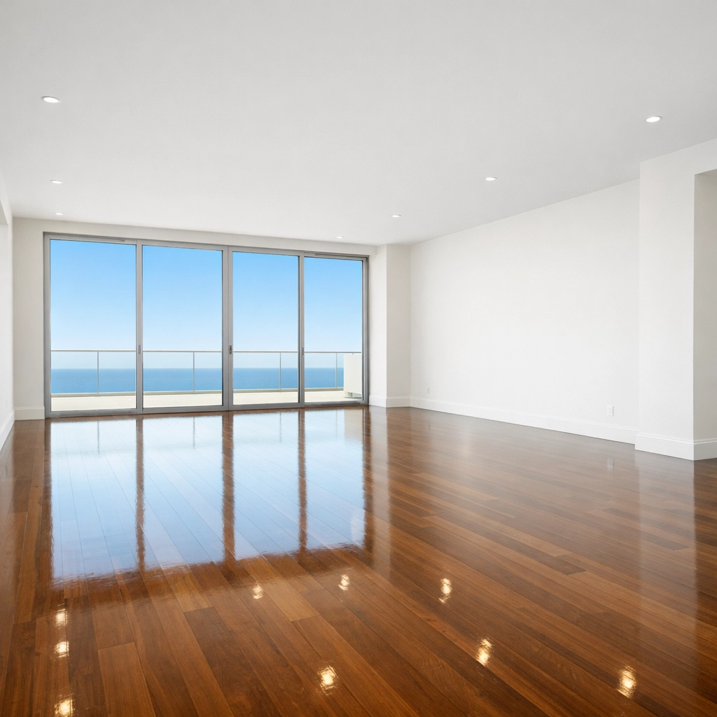 Sanitized move-in ready luxury living room in Hamilton with high-gloss hardwood floors.