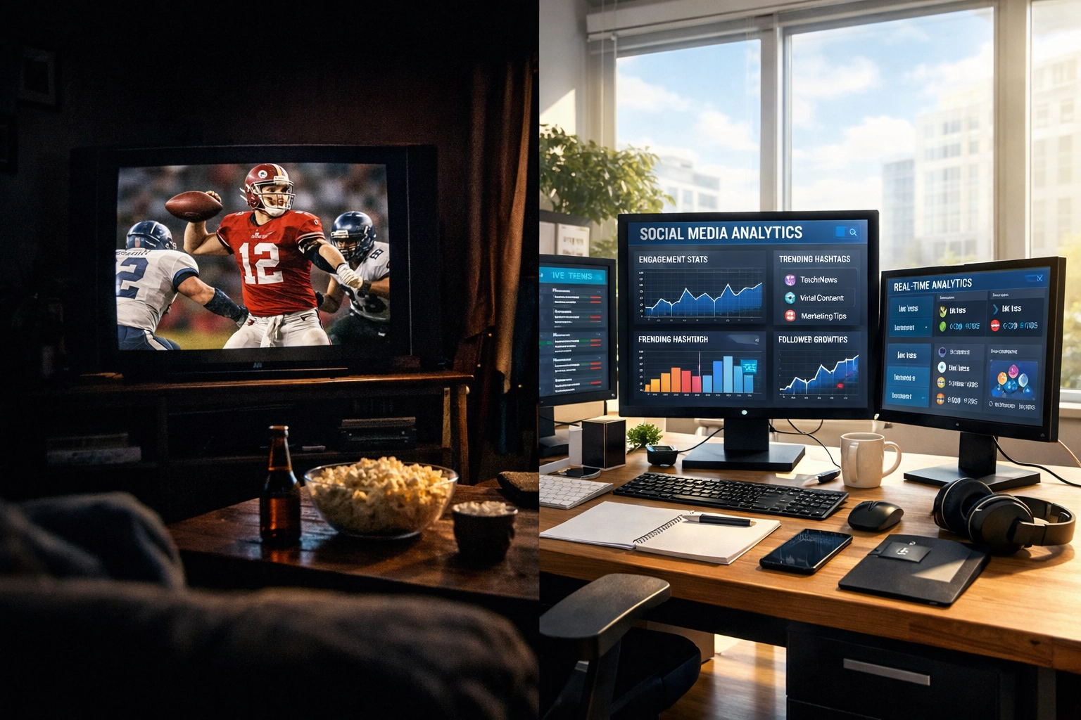 Traditional TV Super Bowl broadcast versus modern digital marketing workspace with real-time analytics dashboards