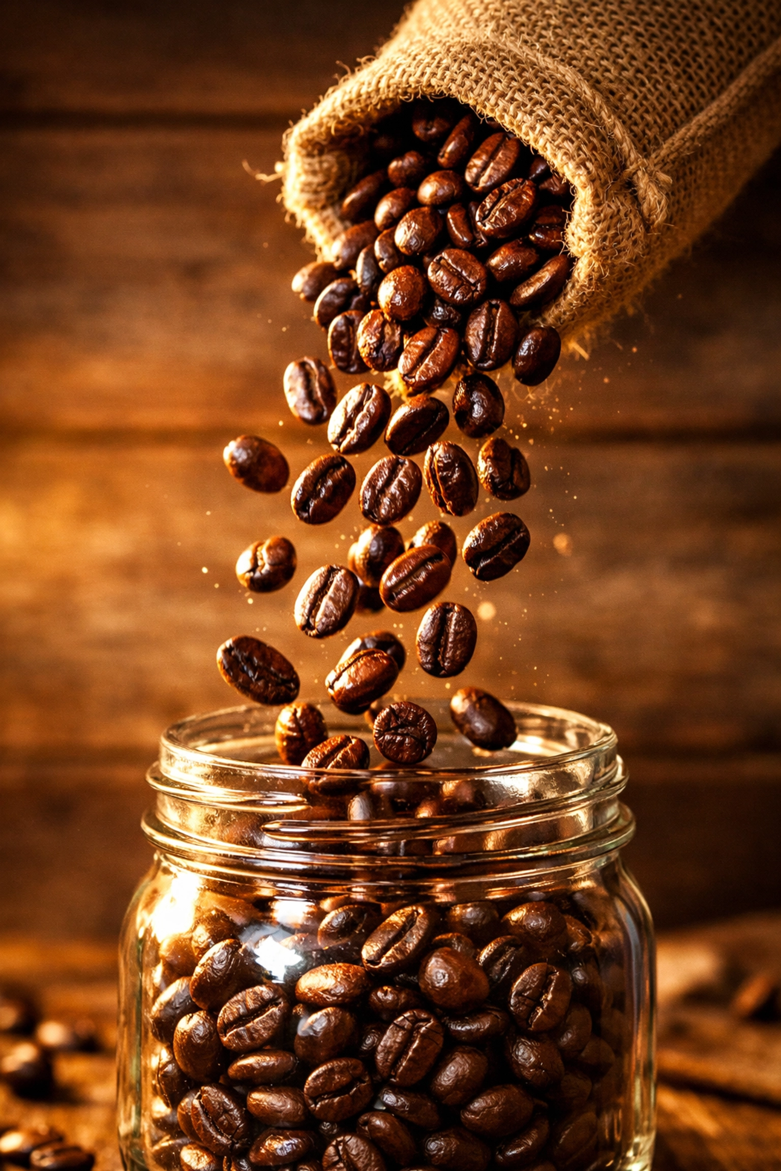 Fresh-roasted coffee beans pouring into glass jar showing oils and quality of on-demand roasting