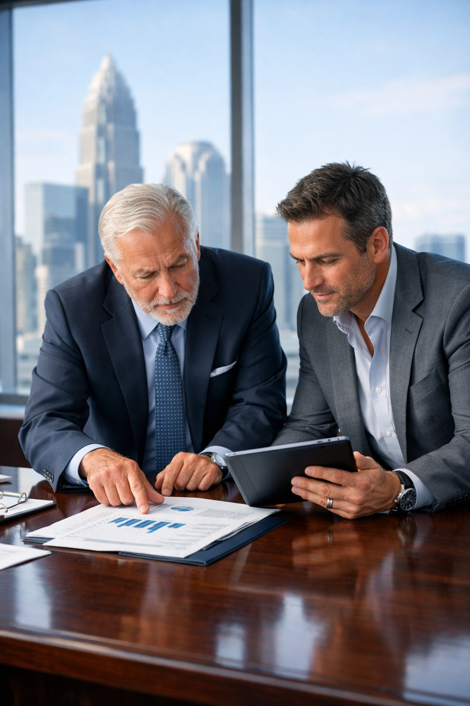NC business broker reviewing financial data with an owner in a modern Charlotte office.