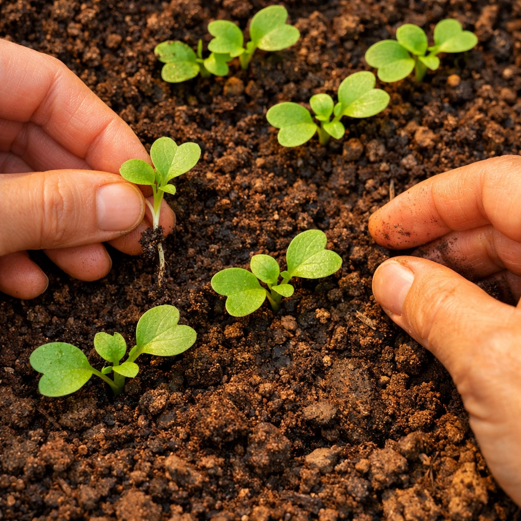 Thinning radish seedlings in garden soil for proper spacing and growth