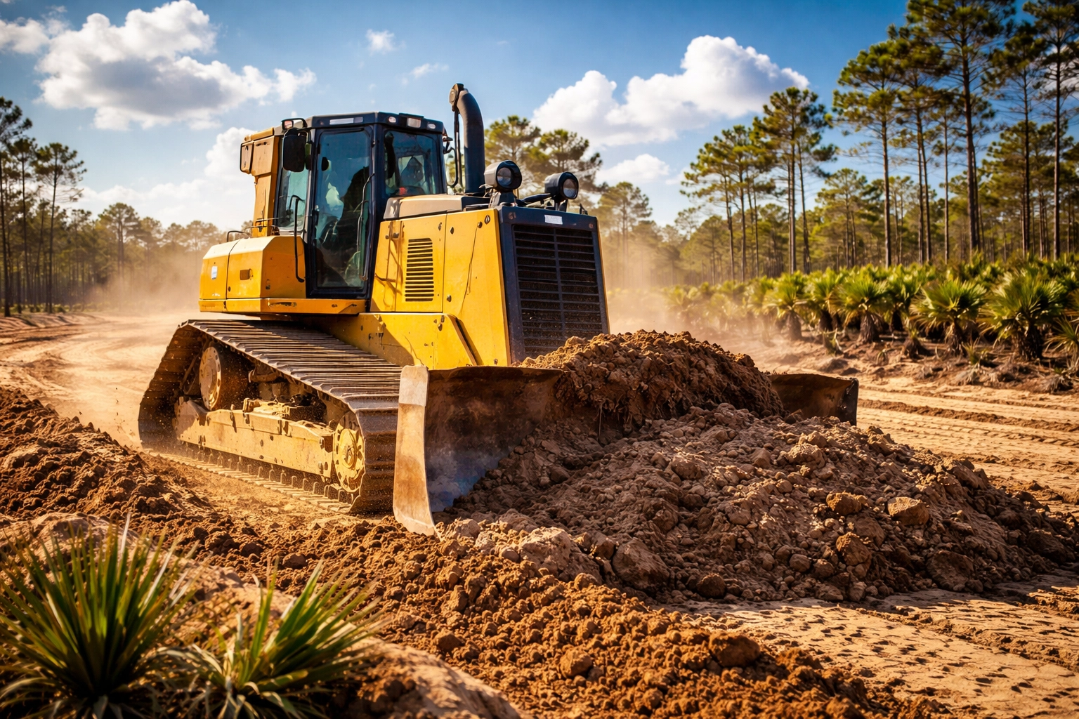 A yellow bulldozer with LGP tracks clearing sandy Florida land, demonstrating essential construction equipment in action