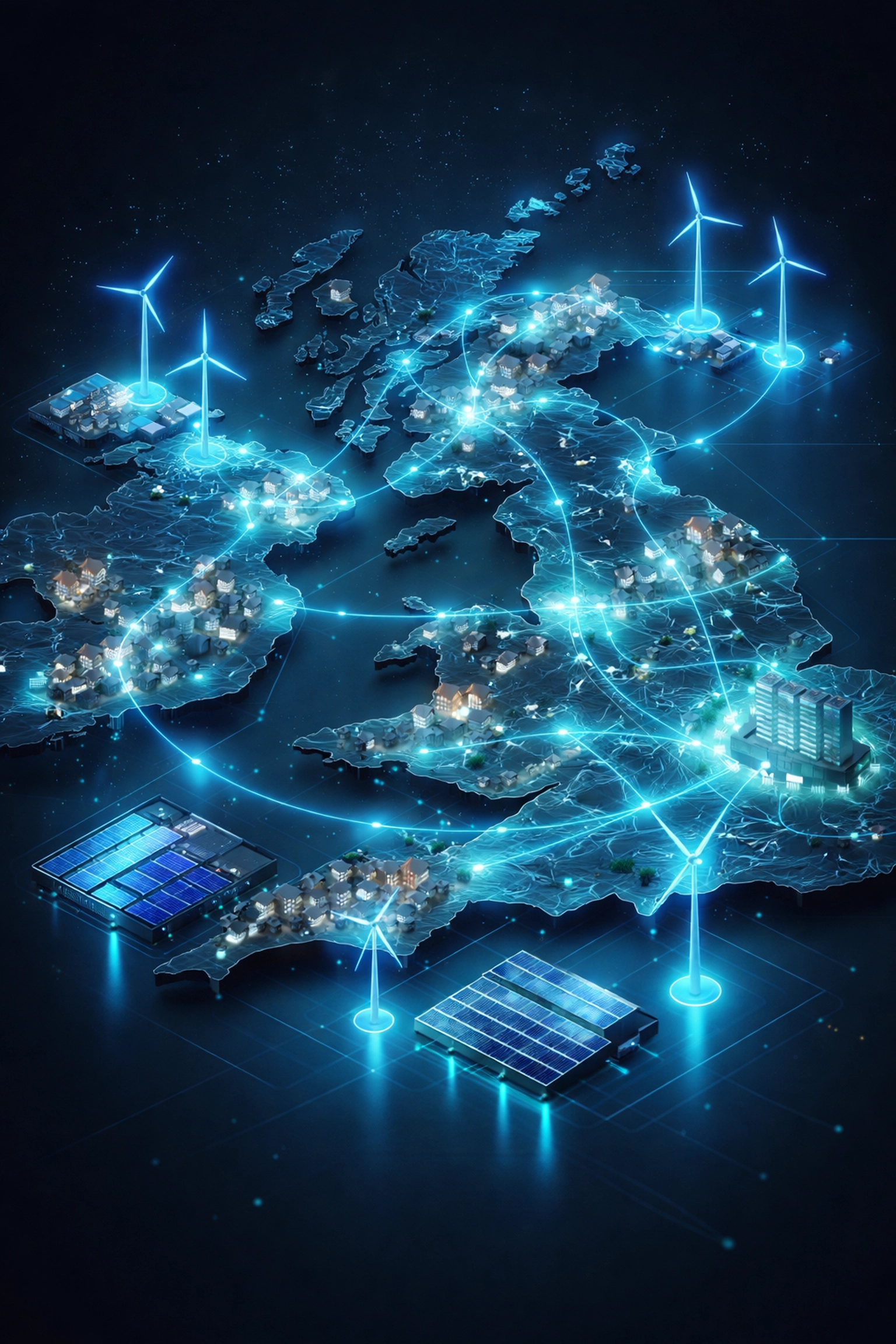 UK electricity grid connecting homes, wind farms and solar battery storage facilities