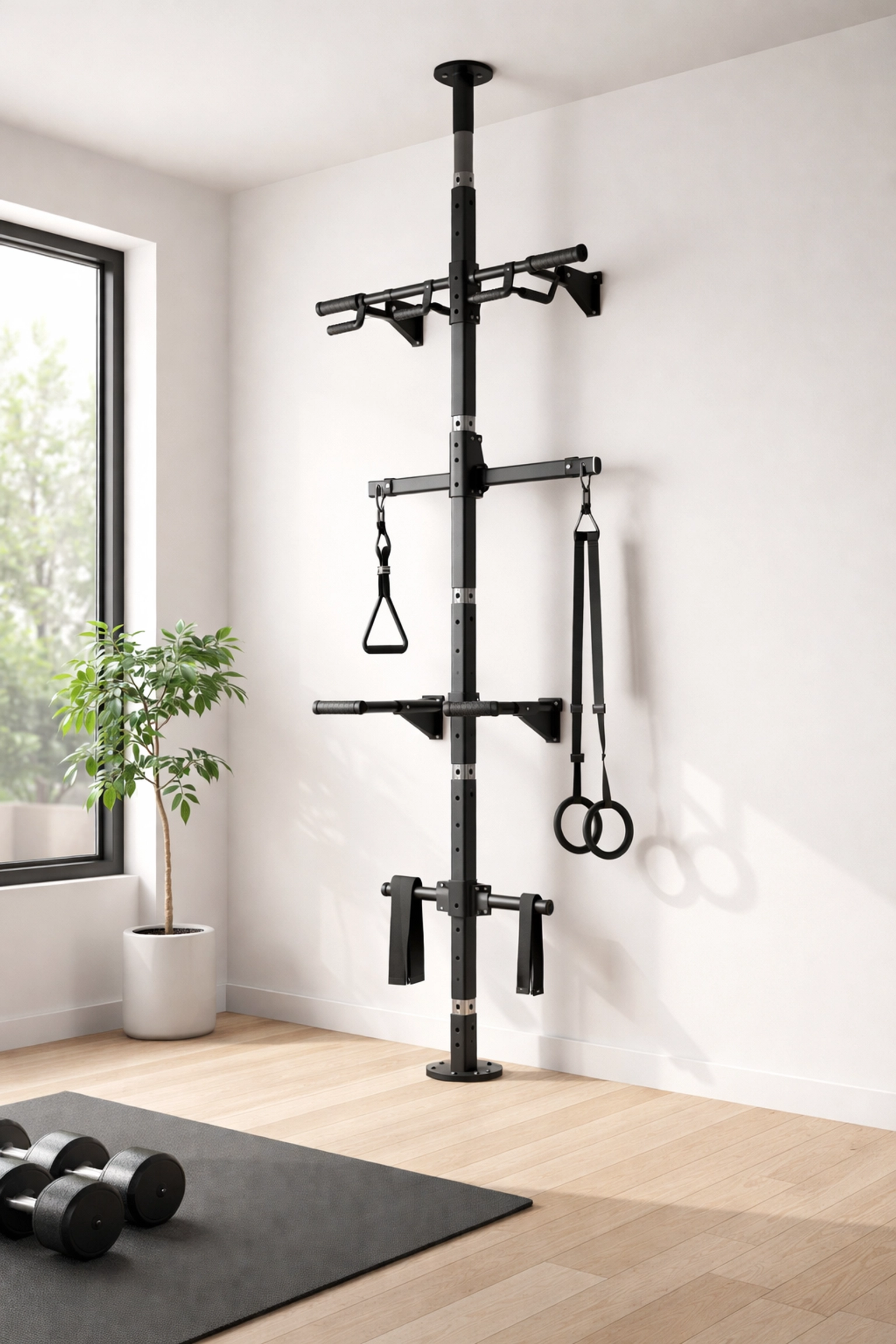 Modern home gym with a versatile floor-to-ceiling resistance rail system for full body workouts