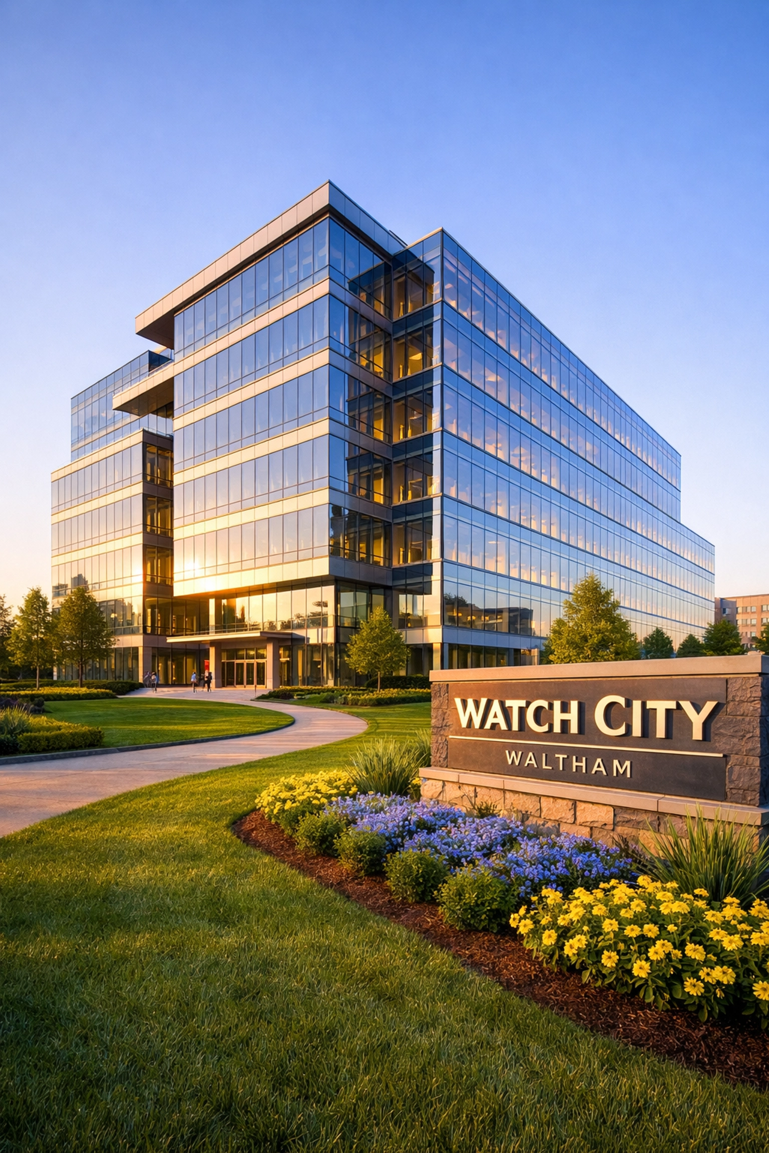 Exterior of a modern Waltham office park (Route 128 / Winter Street area vibe), maintained by professional cleaners Waltham MA.