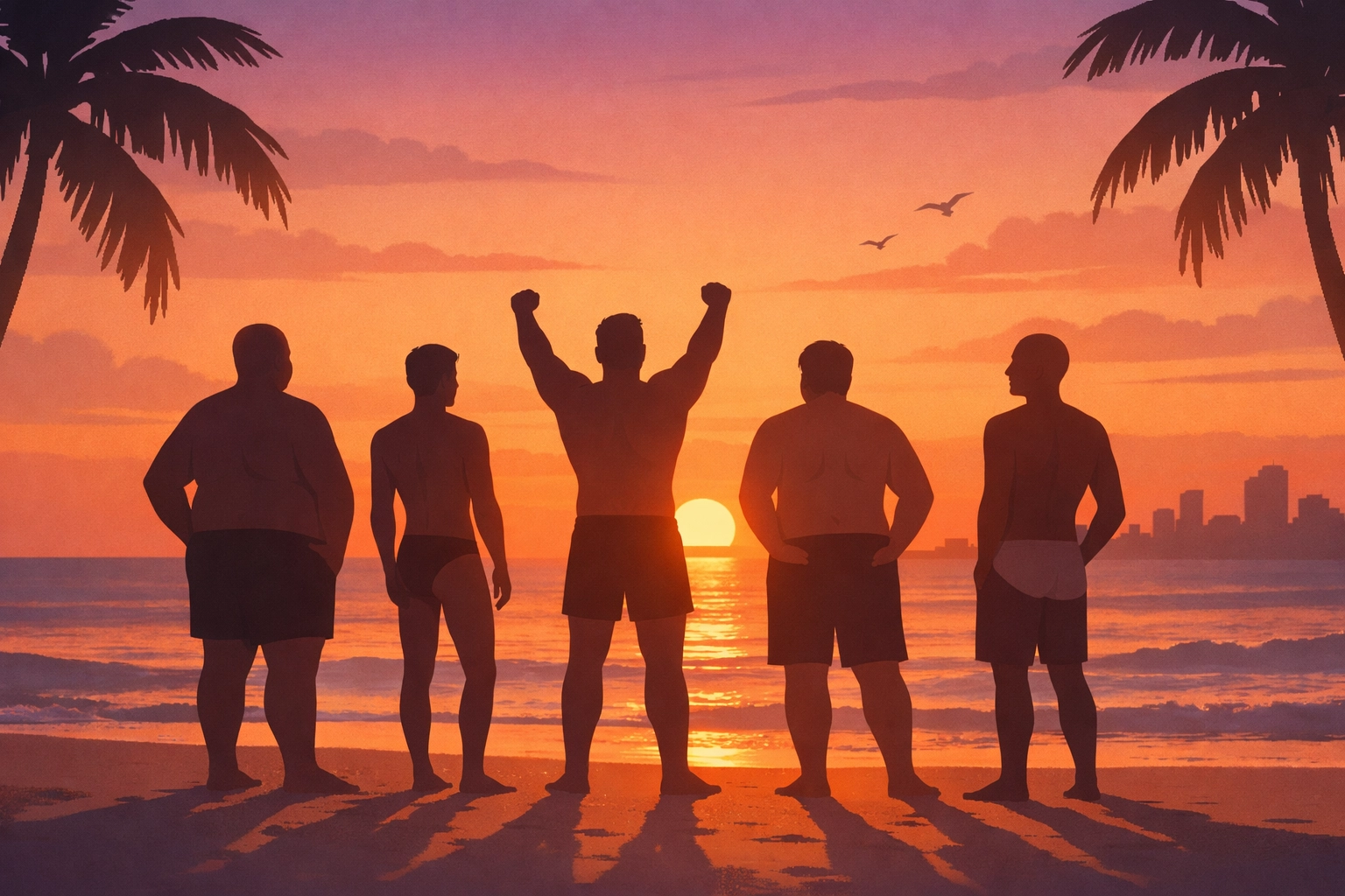 Gay men enjoying sunset at Haulover Beach Miami, celebrating body positivity and LGBTQ+ community