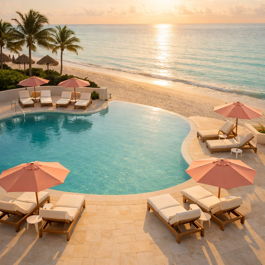 Luxury beachfront resort pool with lounge chairs for 7-day vacation package