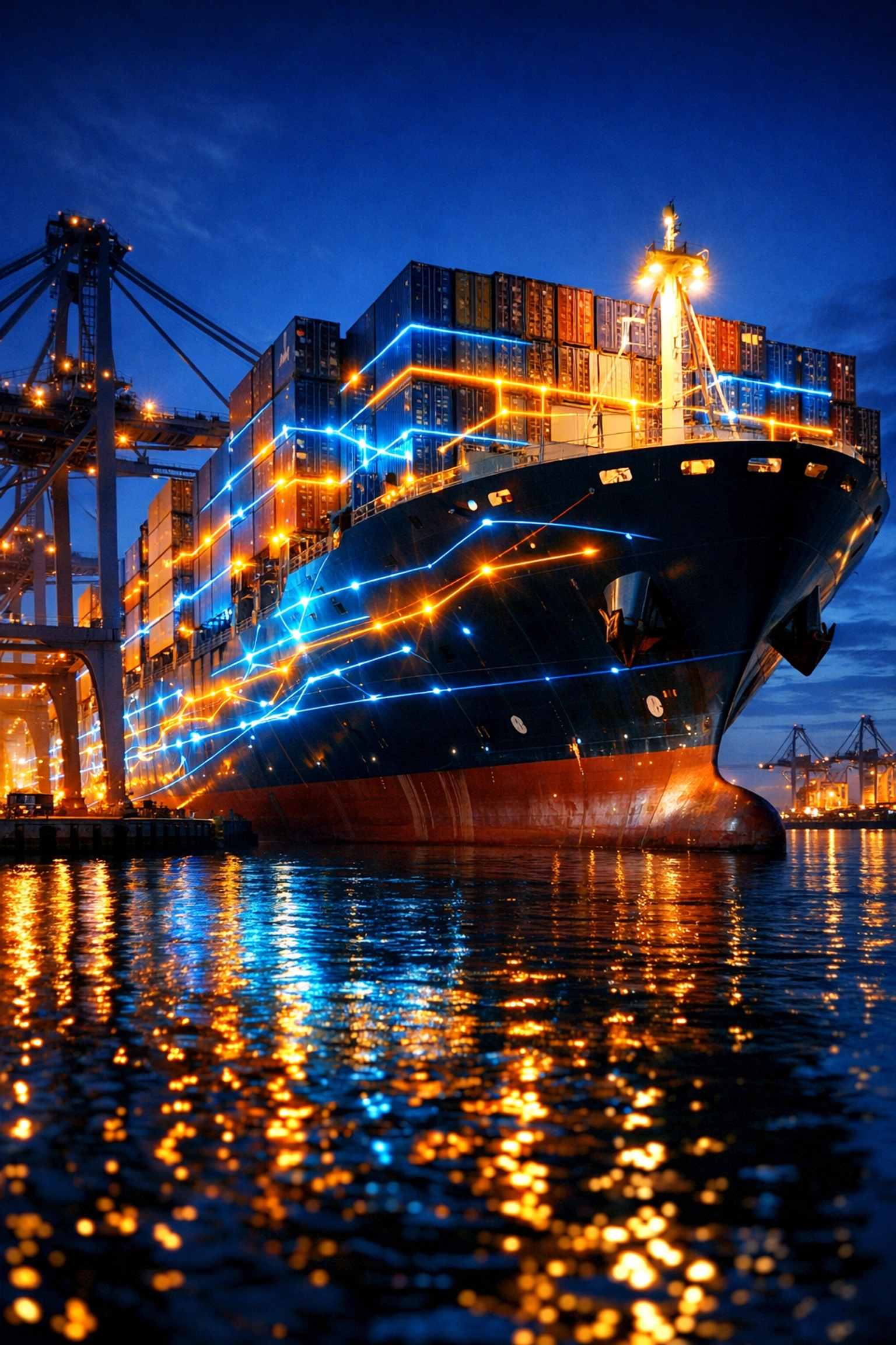 Secure digital thread overlaying a cargo ship at a port, representing global supply chain infrastructure.