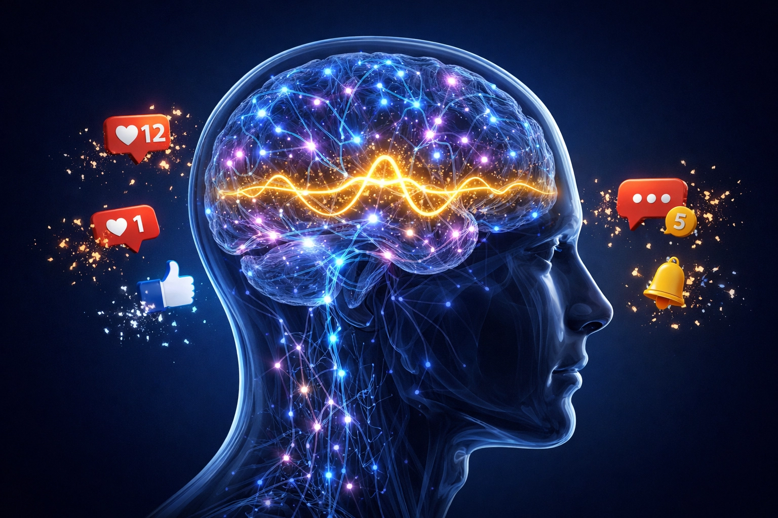 Brain visualization showing neural pathways breaking free from social media notifications