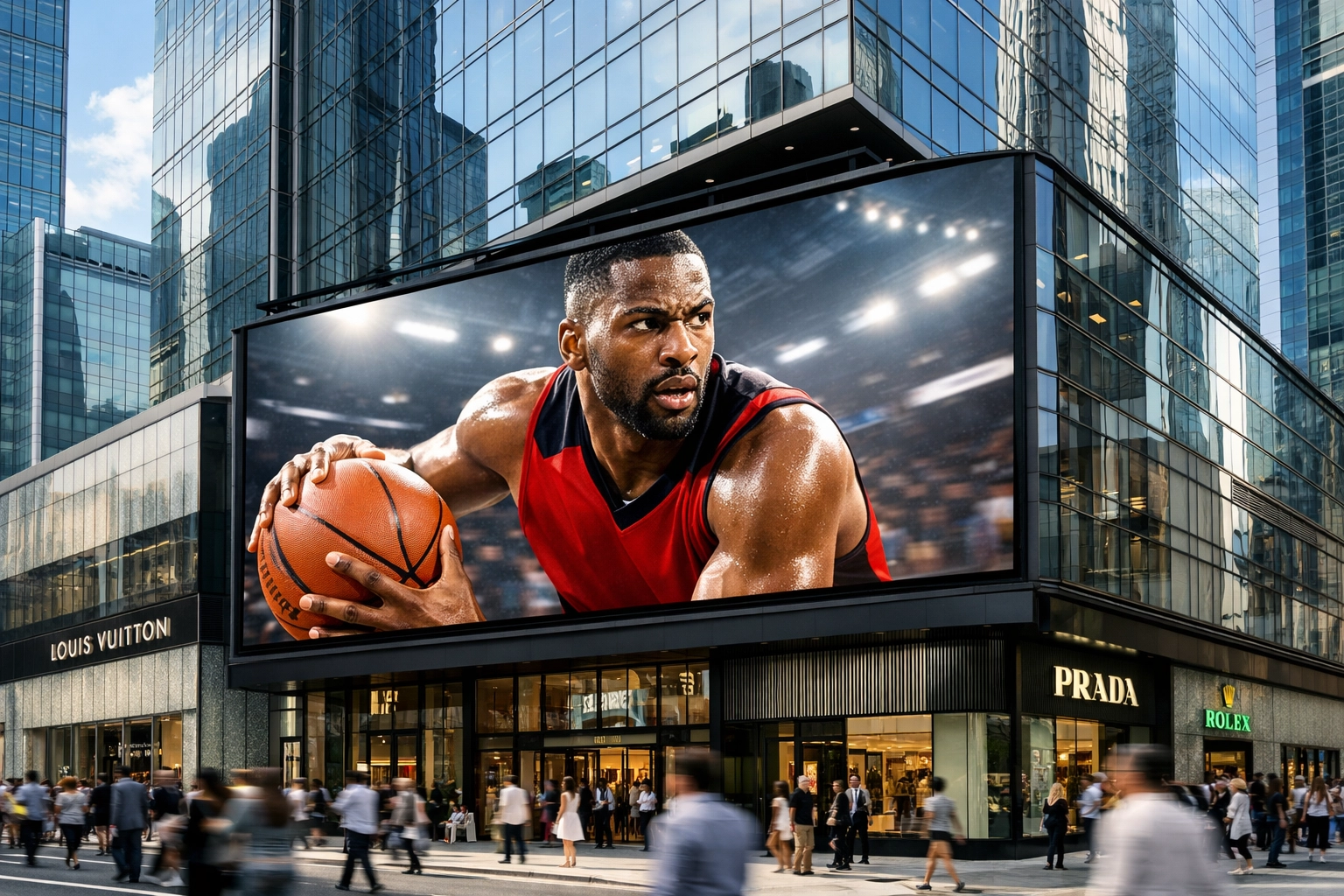 A digital billboard in a shopping district displaying a basketball player, showing the impact of sports DOOH.
