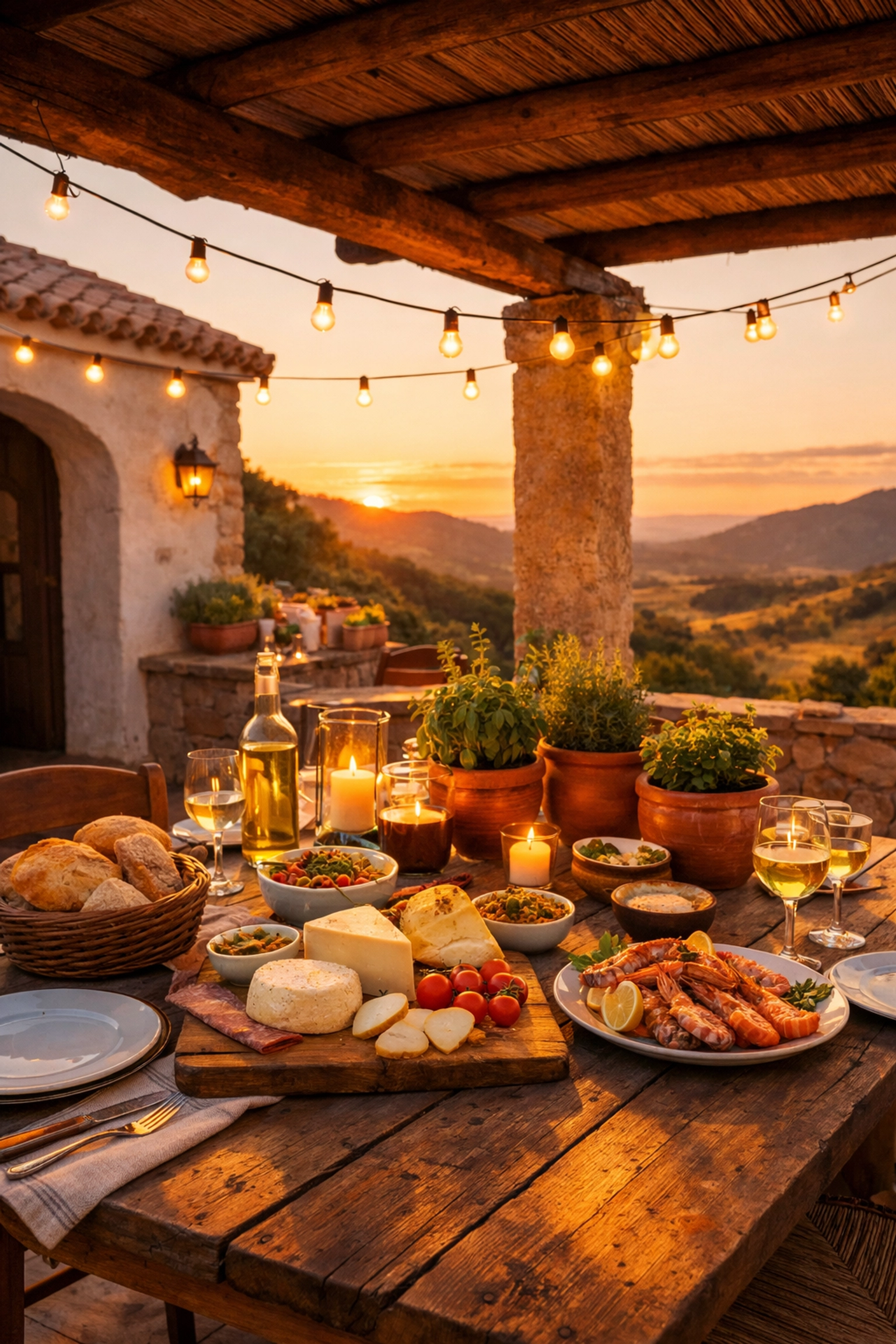 Traditional Sardinian villa terrace with fresh local food and sunset views for families