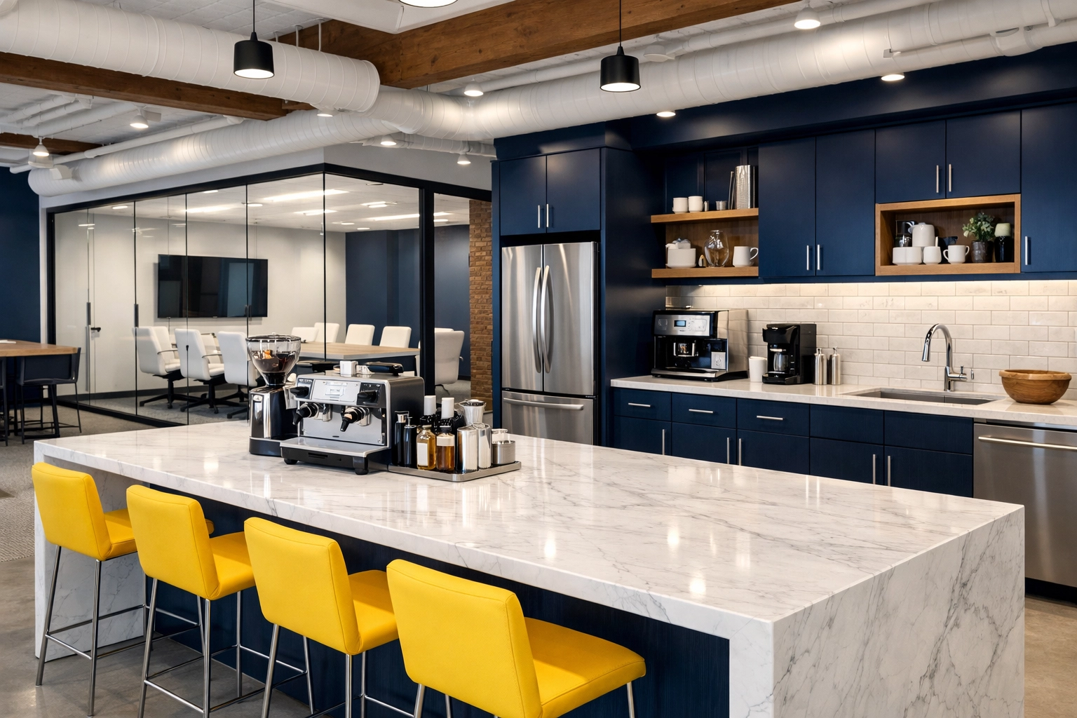 Spotless modern office kitchenette in a Boston loft highlighting premium office cleaning Boston services.