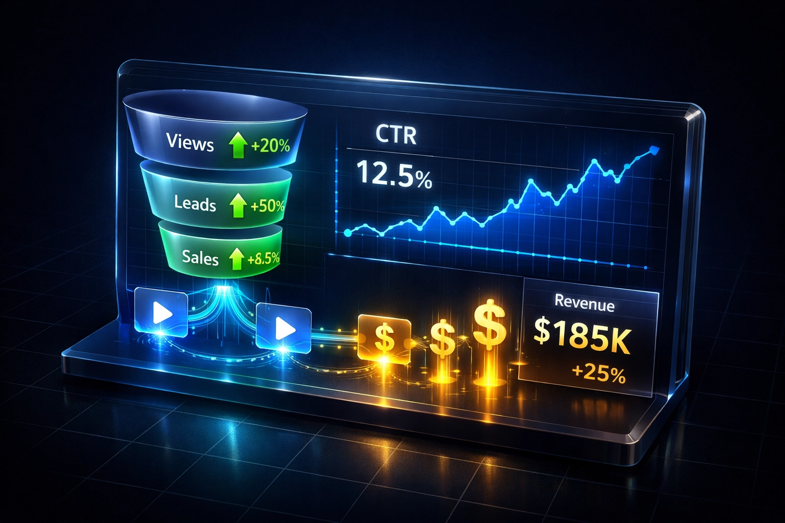 Simon Leung video marketing conversion analytics dashboard showing metrics transforming views into sales