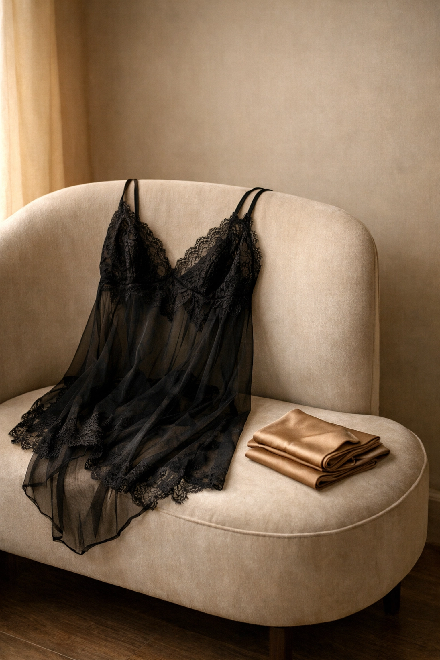 Elegant ultra sheer black lace nightgown paired with silk stockings on a velvet chair in a softly lit room.