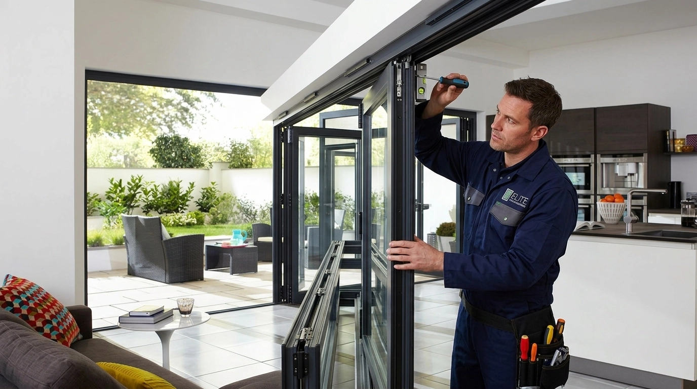 Technician in professional attire inspecting the alignment of a large set of anthracite grey bifold doors.