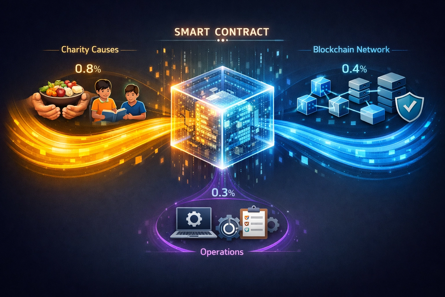 Smart contract automatically distributing Larecoin's 1.5% fee to charities, infrastructure, and operations