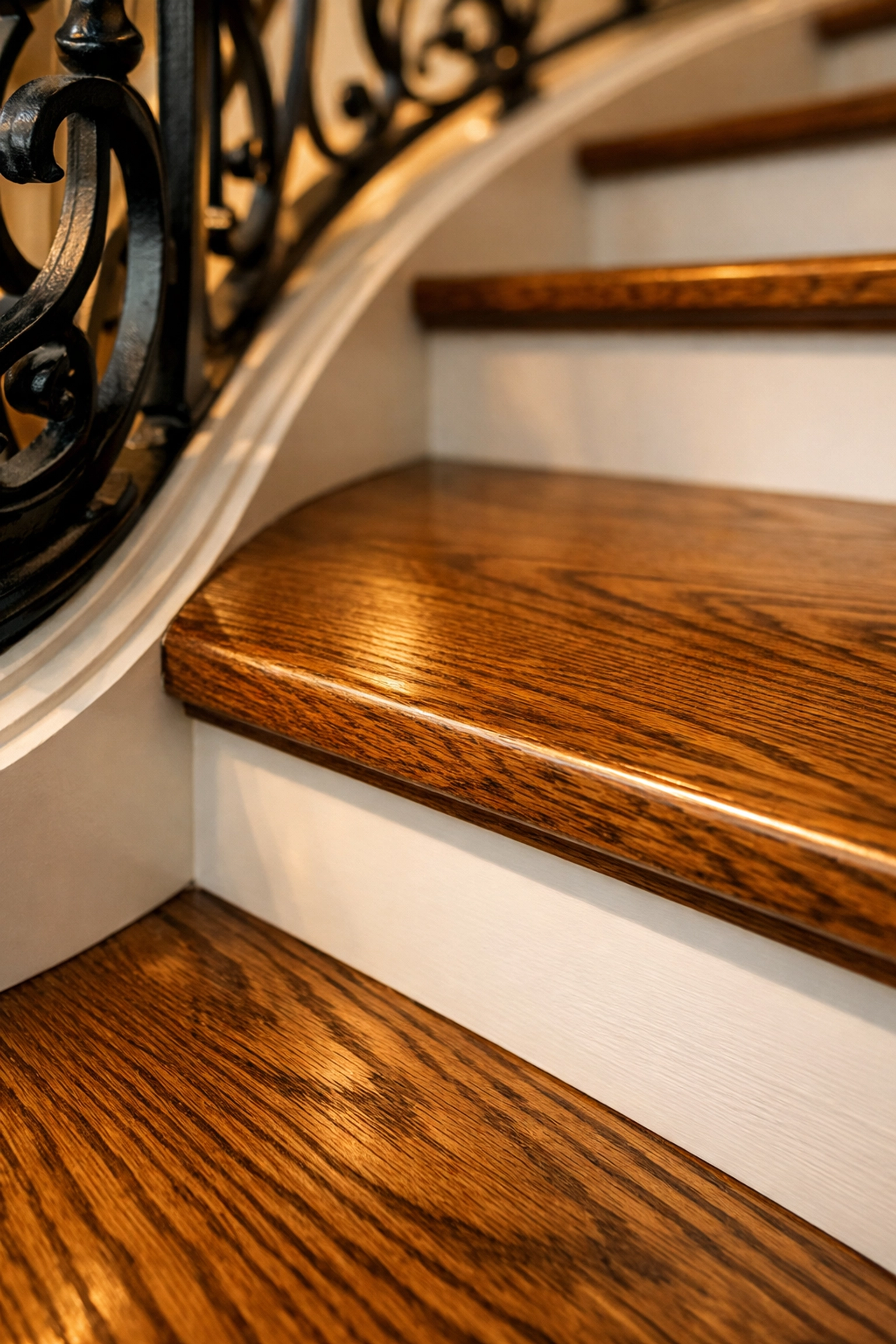Detailed close-up of a dust-free spiral staircase, showcasing meticulous residential cleaning Massachusetts standards.