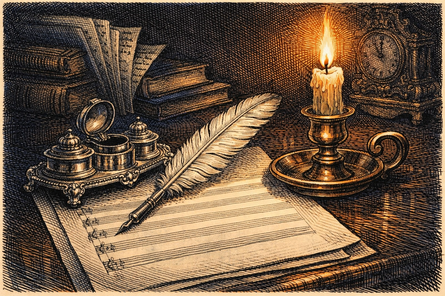 Victorian engraving of a quill and music manuscript for online voice and music lesson students.