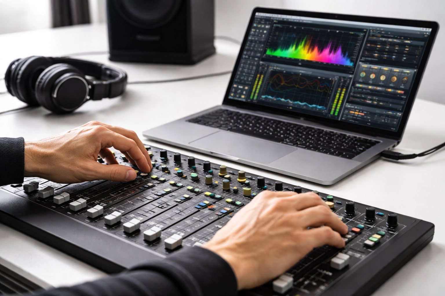 Music producer at mixing console with laptop, using AI plugin for digital audio mastering