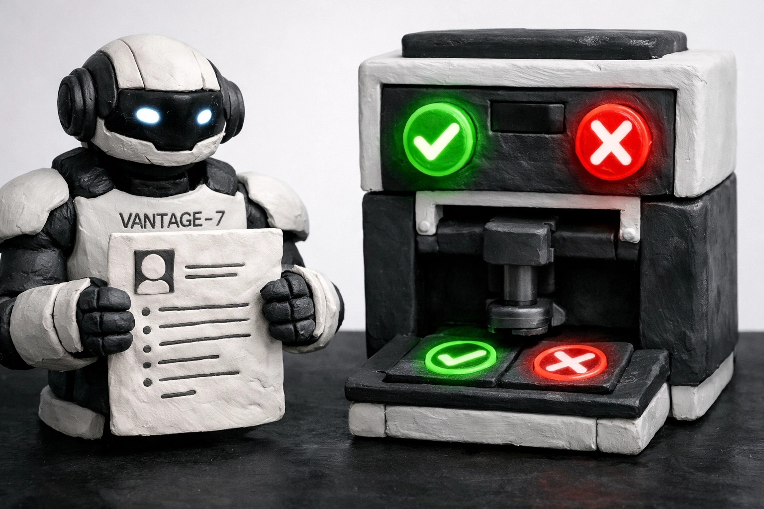 Tactile claymation stop-motion of the VANTAGE-7 robot feeding a clay resume into an ATS scanner machine, showing neon green pass and bright red reject icons.