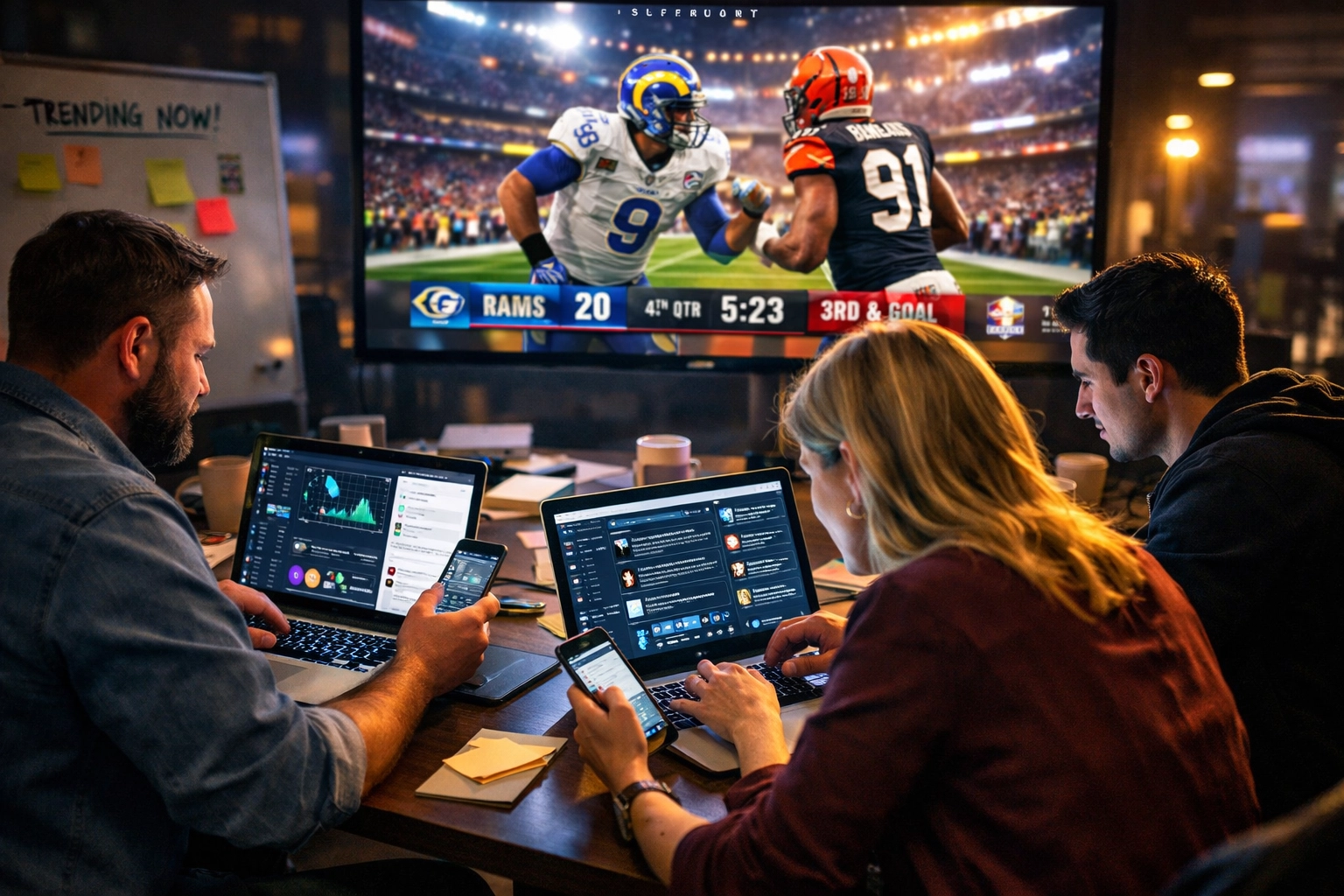 Marketing team executing real-time Super Bowl social media engagement from office war room