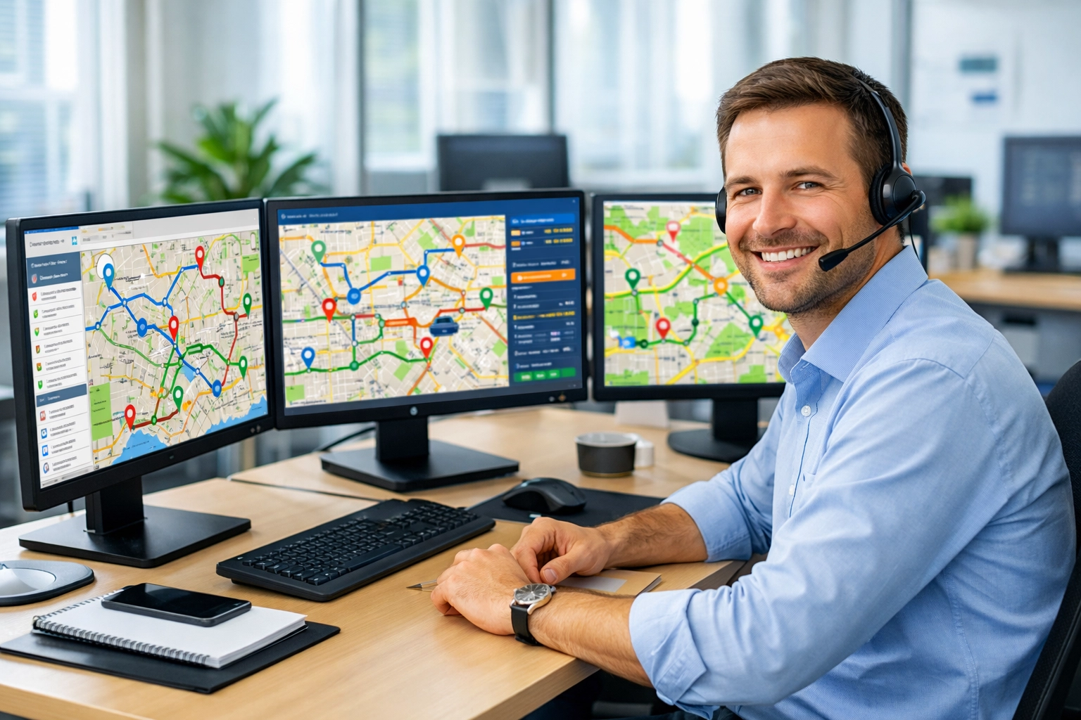 Dispatch coordinator monitoring real-time route tracking and delivery management software