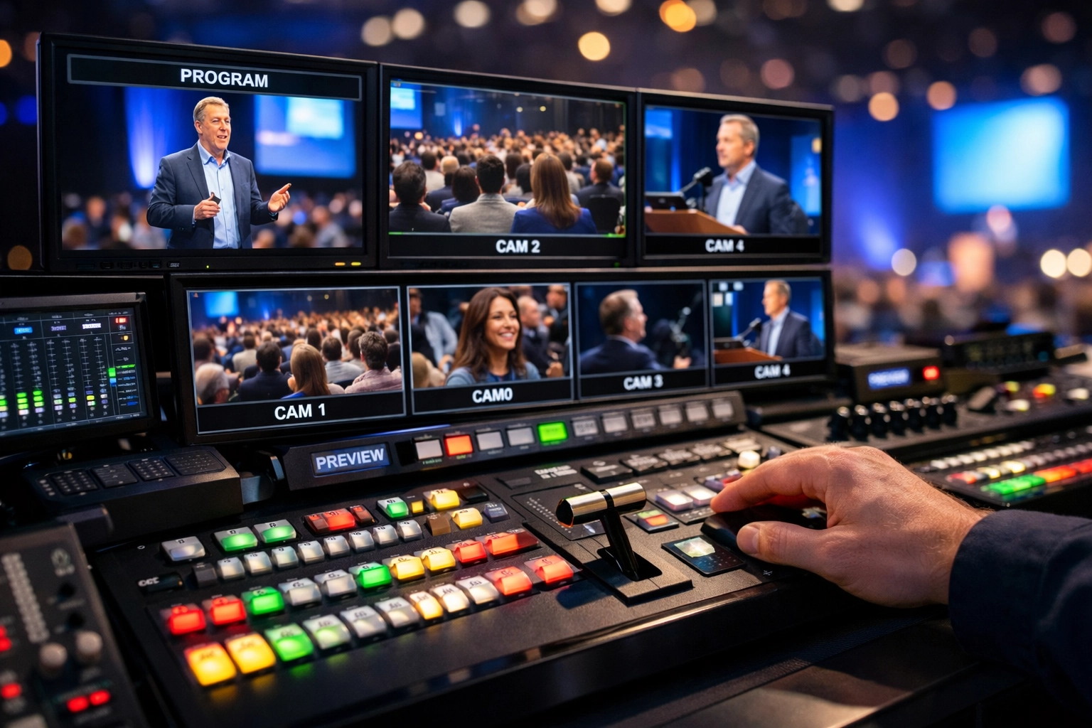 A professional multi-camera production switcher showing live conference videography angles at a corporate event.