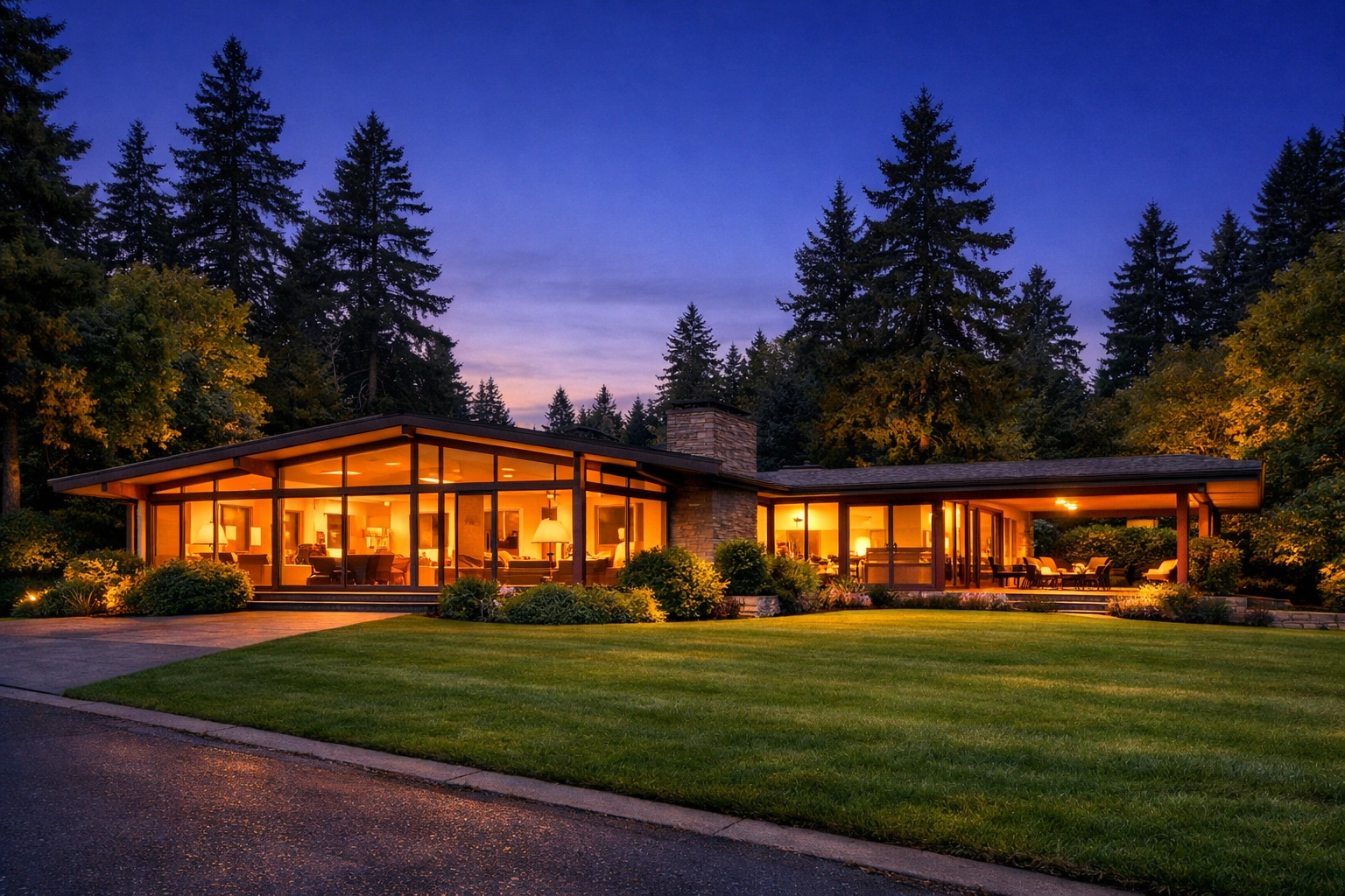 Luxury mid-century home at twilight in Bellevue, showcasing premium Bellevue real estate and neighborhood prestige.