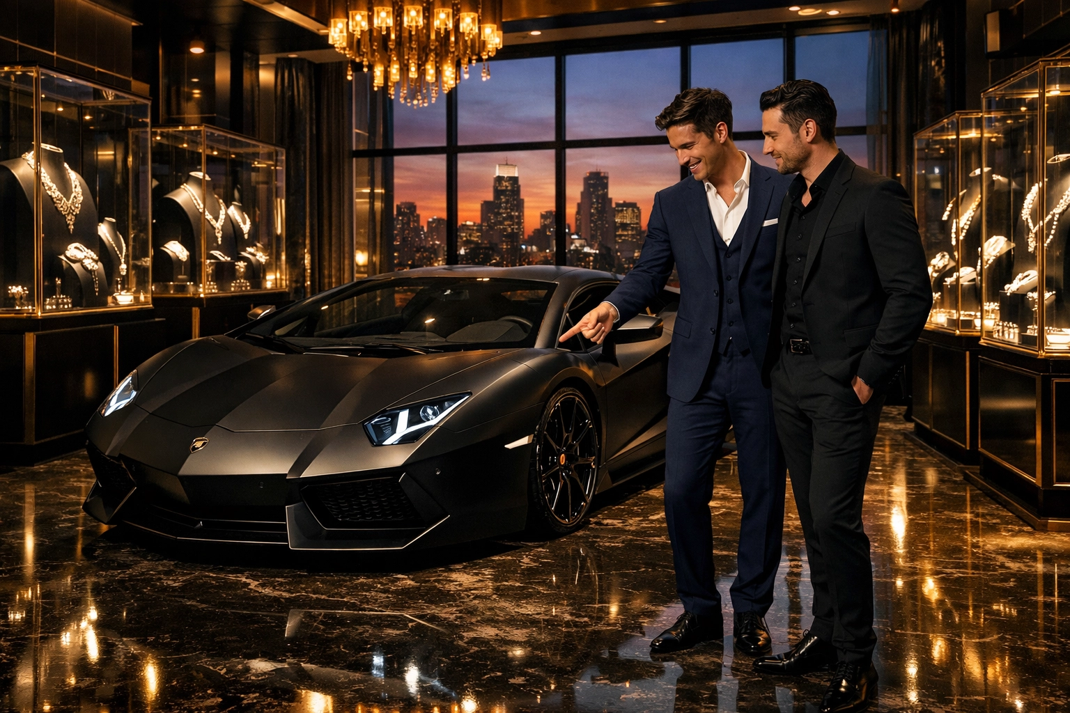 Gay couple in tailored suits admiring luxury supercar in opulent showroom with diamond displays