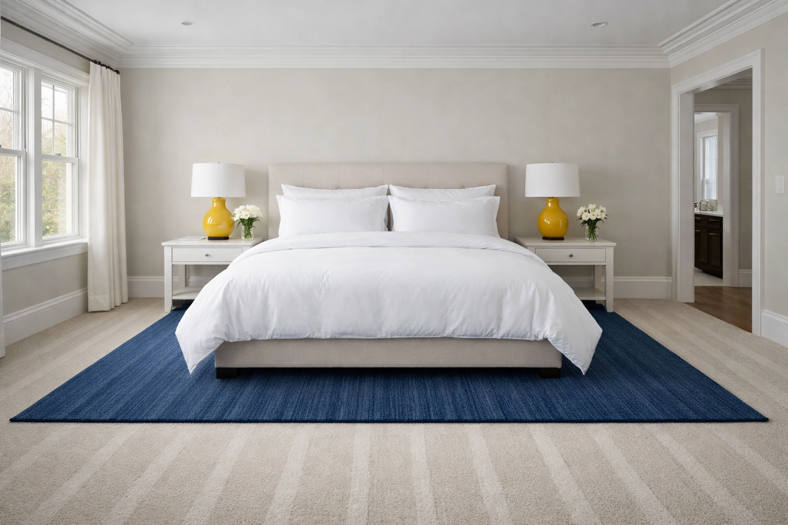 Immaculate Wellesley master bedroom with fresh vacuum lines from top-tier house cleaning services MA.