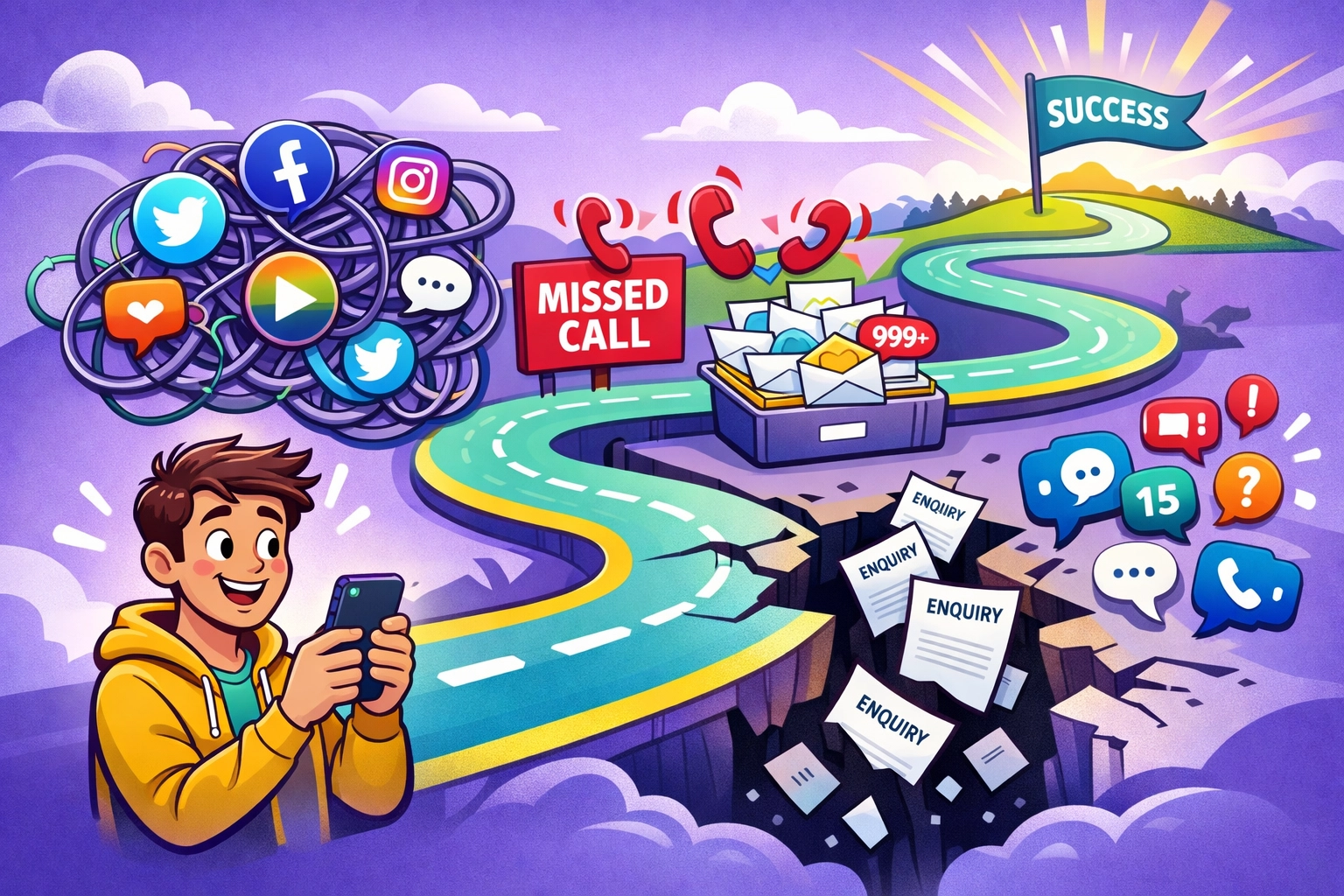 Multi-channel enquiry journey showing missed calls, emails, and messages falling through gaps