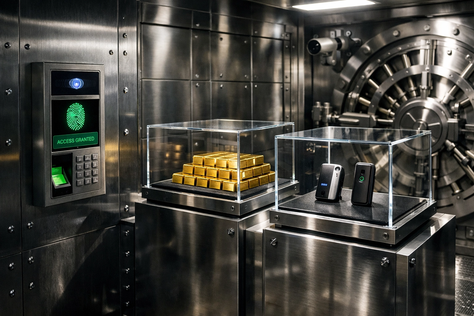 Institutional-grade security vault protecting both physical gold and crypto hardware wallets