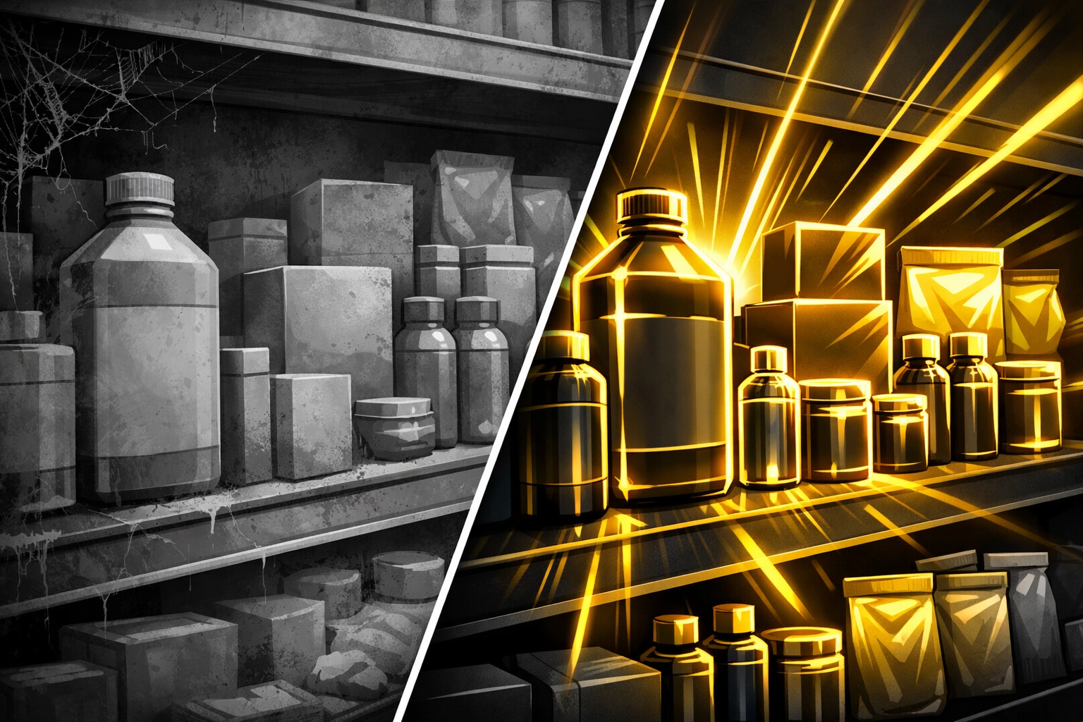 Comparison showing a cluttered shelf versus a vibrant, optimized Amazon product listing for better conversion rates.