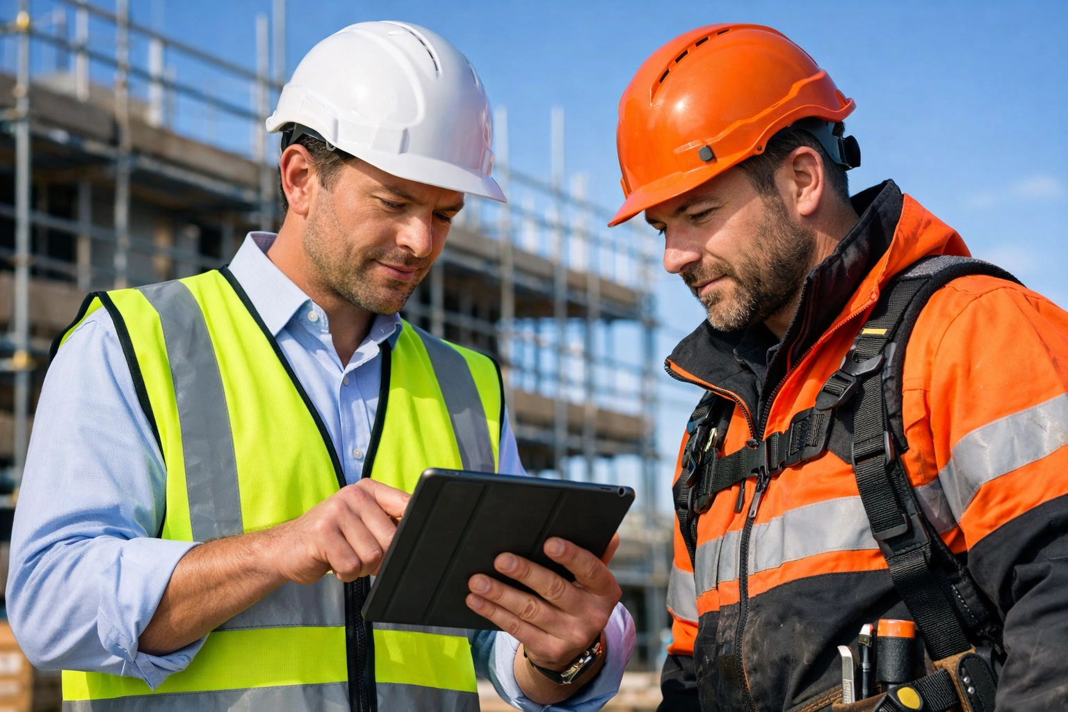 A site manager and vetted construction worker reviewing project plans on a modern UK building site.