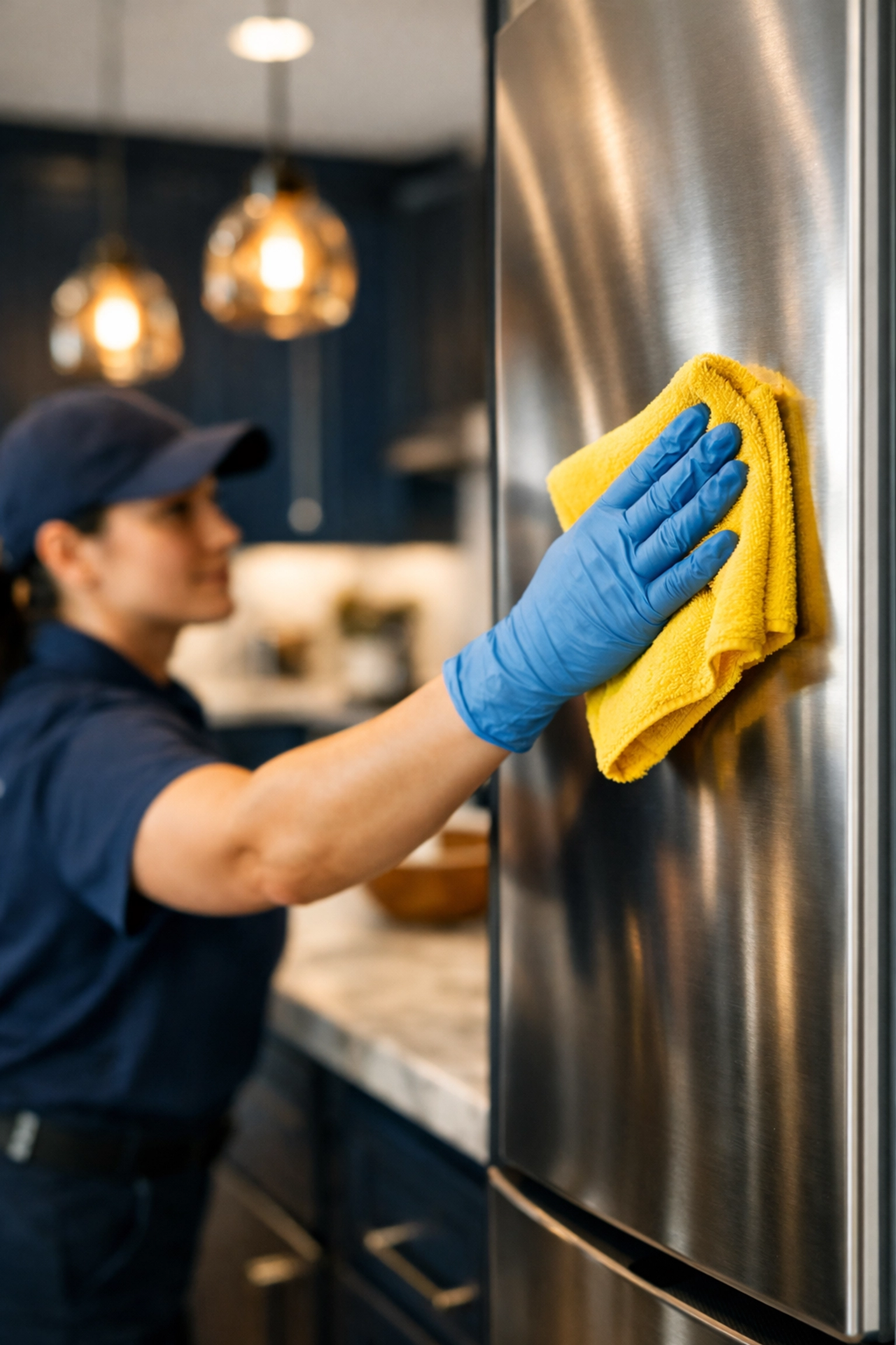 Professional cleaner polishing a modern kitchen fridge during a scheduled weekly house cleaning Somerville service.