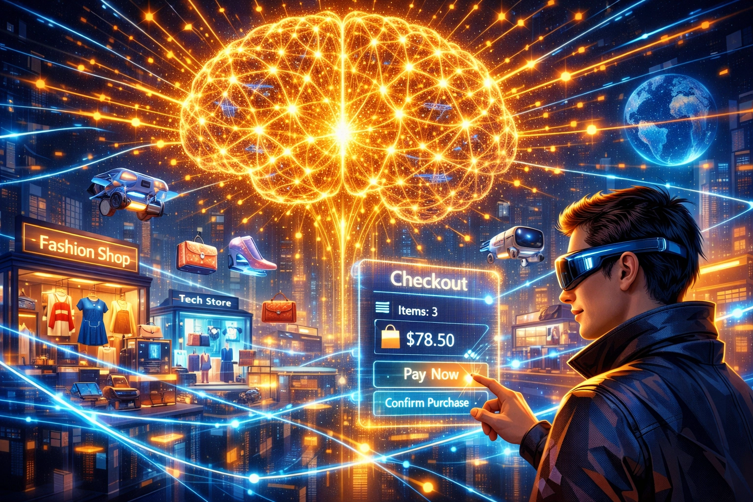 Futuristic AI-powered marketplace showing immersive metaverse shopping and high-speed Web3 commerce innovation.