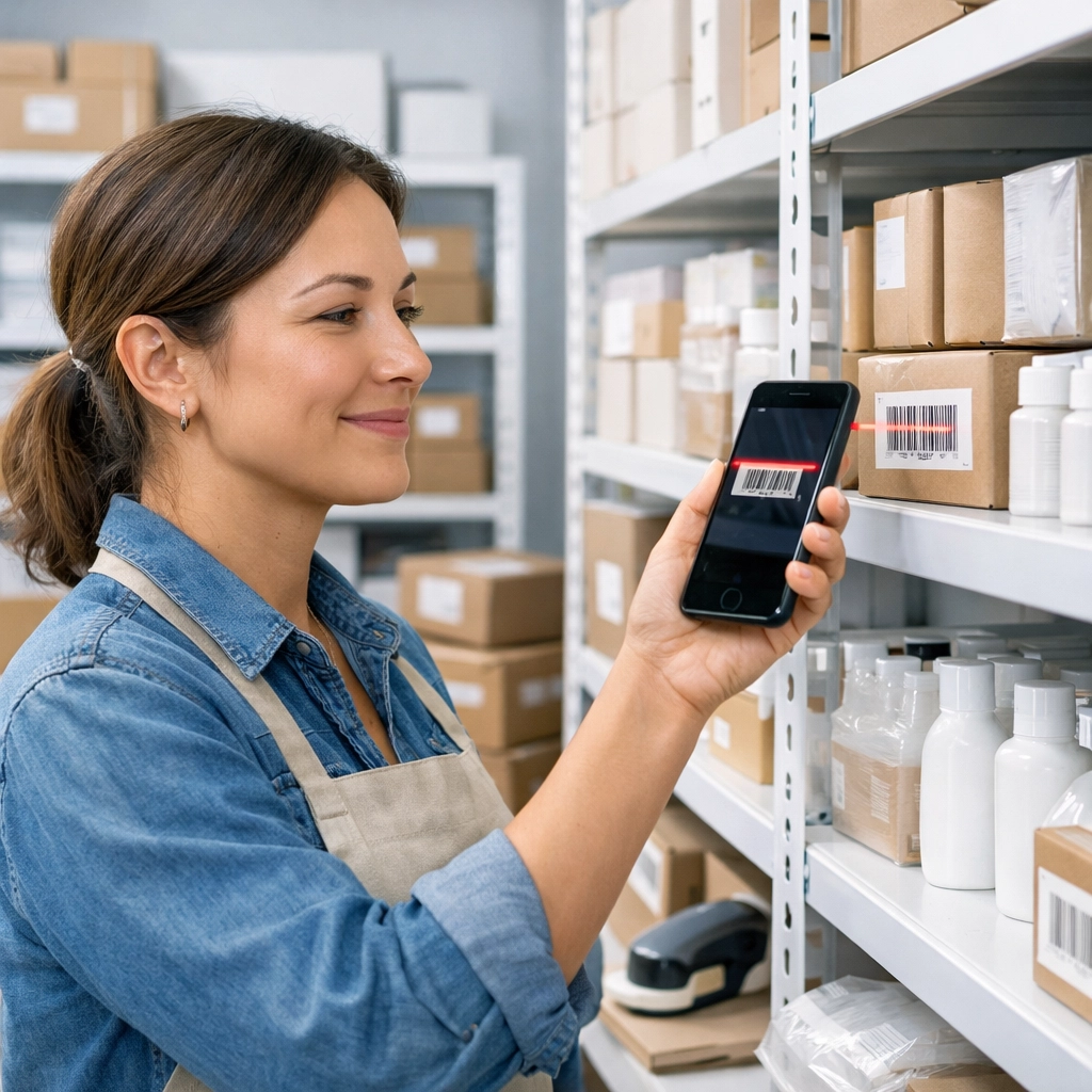UK retail business owner using a mobile device for barcode scanning and digital inventory management in a stockroom.