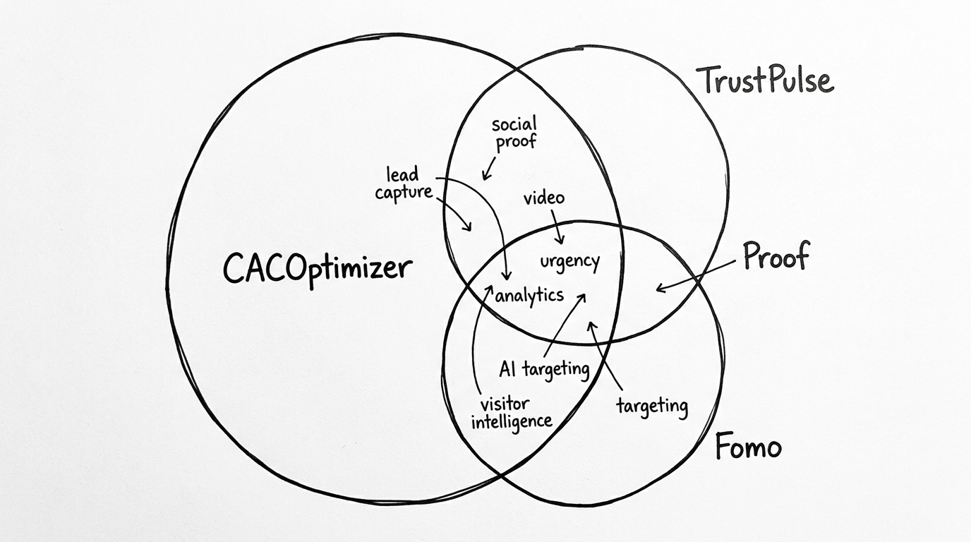 Hand drawn feature overlap diagram comparing CACOptimizer with TrustPulse Proof and Fomo