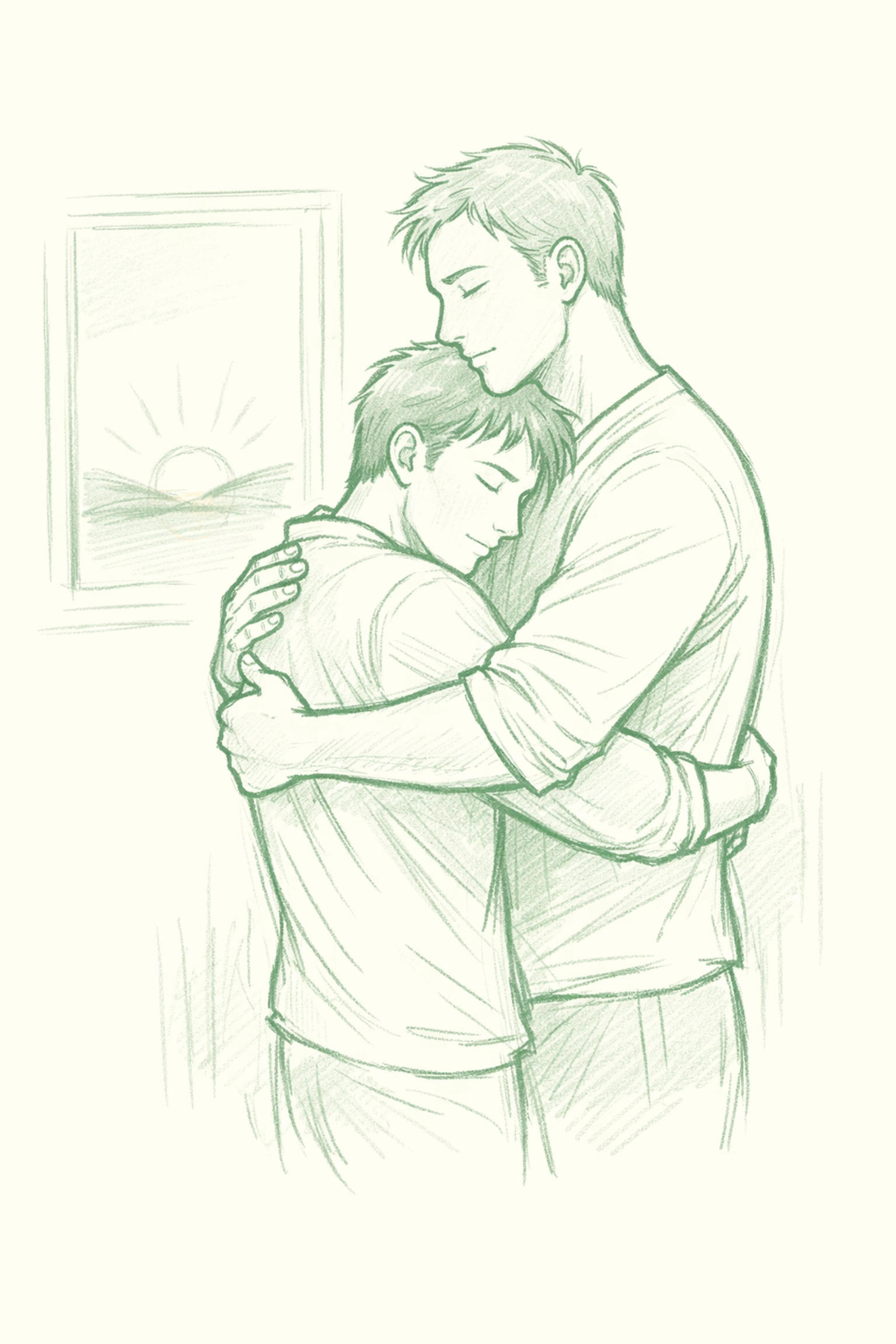 Tender embrace between two men symbolizing emotional safety and new beginnings in gay romance