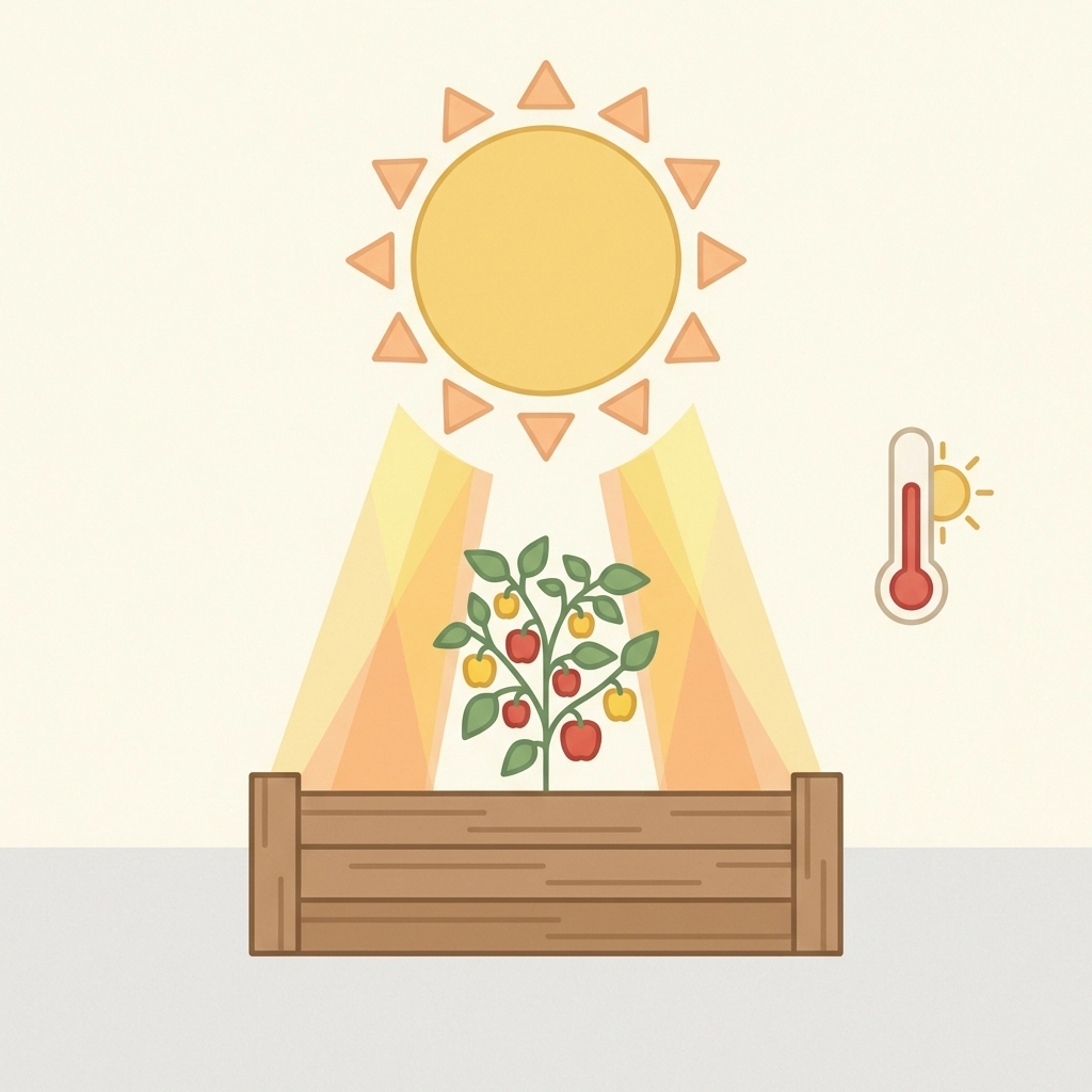 Pepper plant in a raised bed soaking up full sunlight with a sun and thermometer showing optimal warmth.