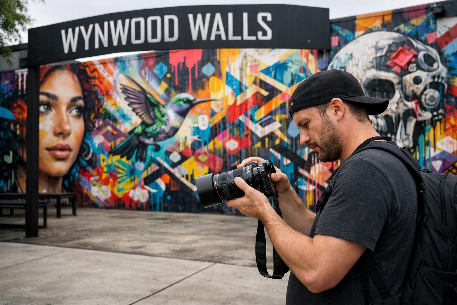 A photographer captures colorful street art murals at Wynwood Walls, one of the best places to take pictures in Miami.