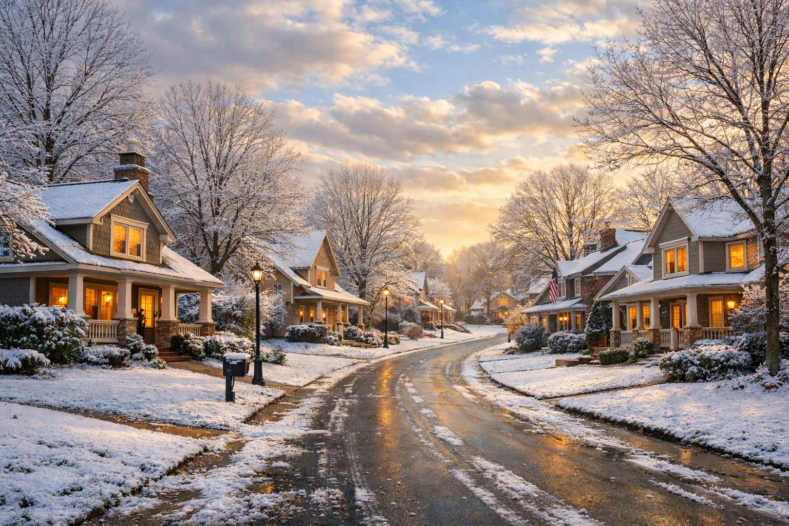 Snow-dusted neighborhood in Buford Georgia during rare winter weather weekend